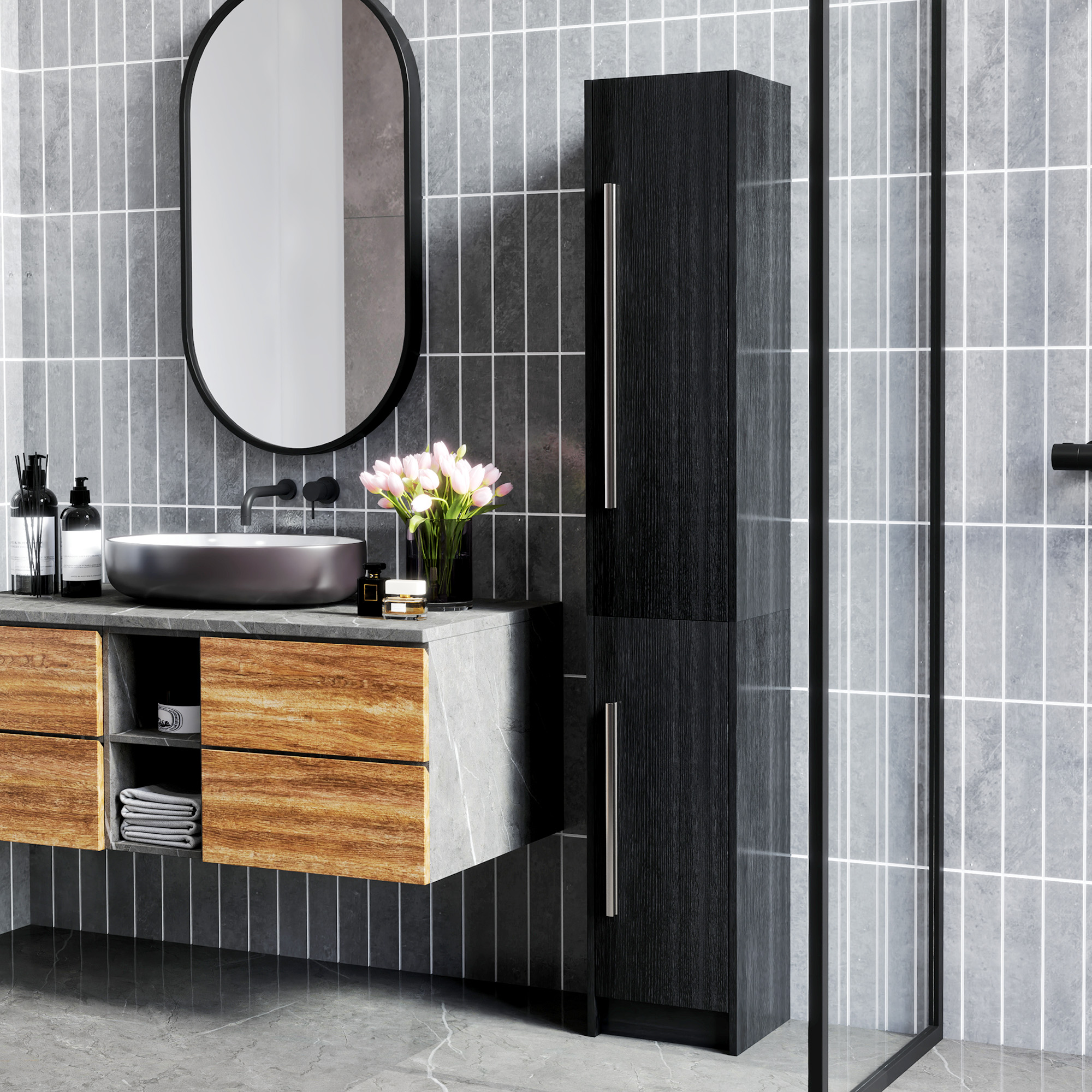 HOMCOM Freestanding Tall Bathroom Storage Cabinet with Adjustable Shelves, Bathroom Organizer, Black Wood Grain Aosom Canada