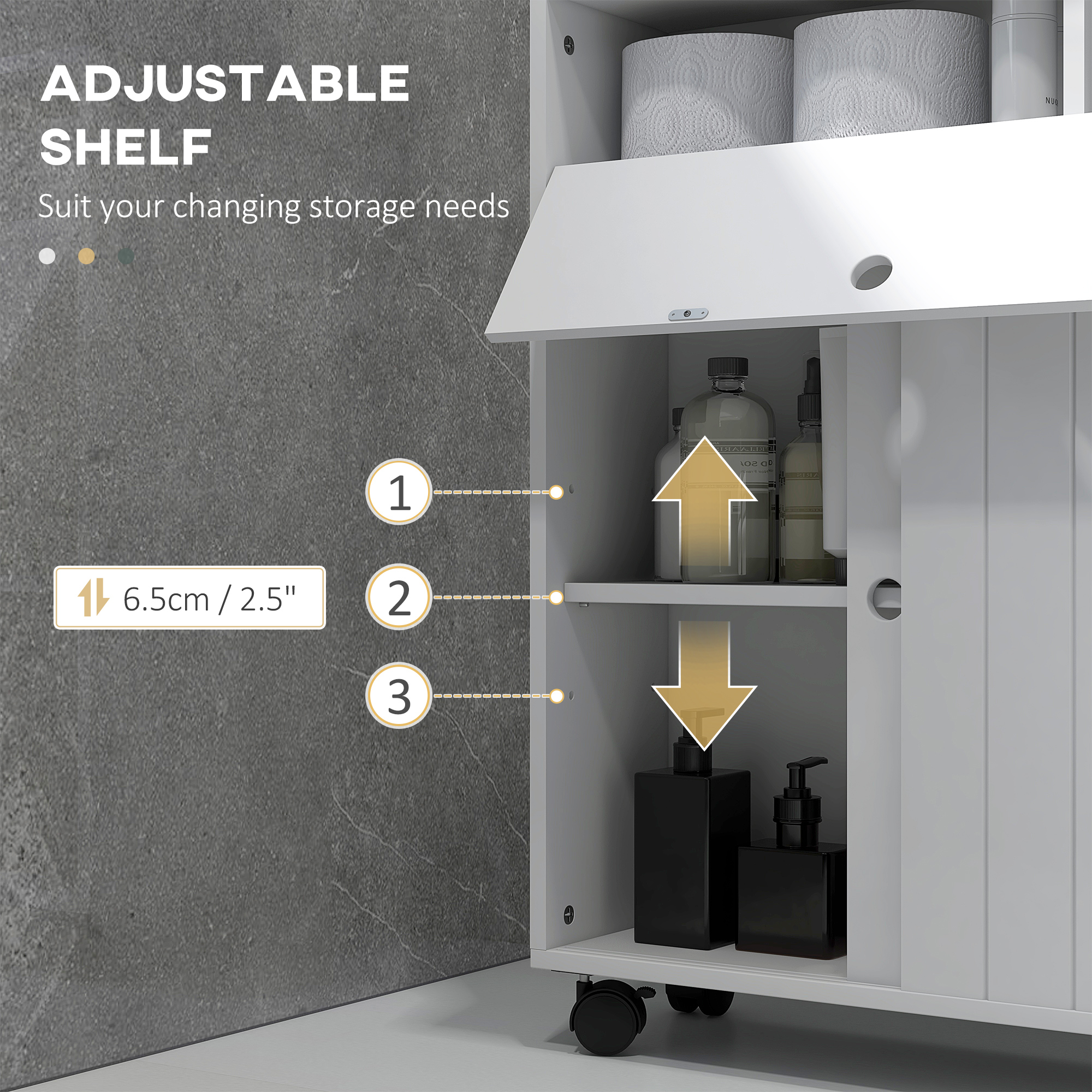 kleankin Toilet Paper Cabinet, Slim Bathroom Cabinet with 4 Rolling Wheels, Small Bathroom Storage Cabinet w/ Sliding Doors & Adjustable Shelf, White 4