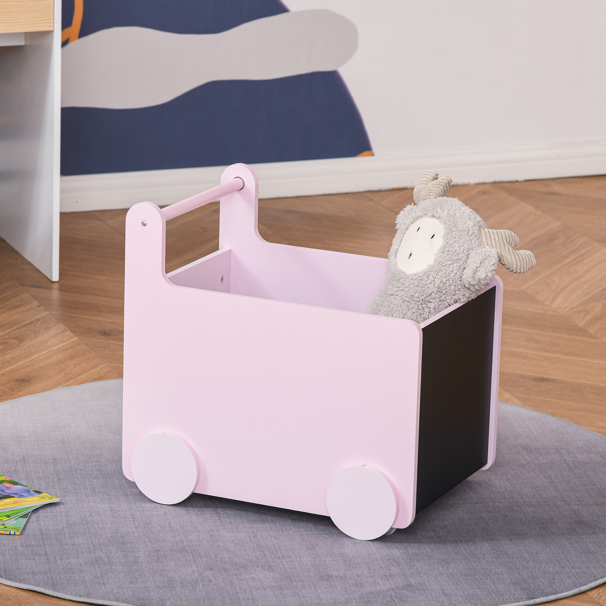 Qaba's Kids' Storage Cabinet, Organize Books, Toys, and Crafts, Safely Transport With Included Wheels, Pink 18.5"L x 13.75"W x 18"H 6