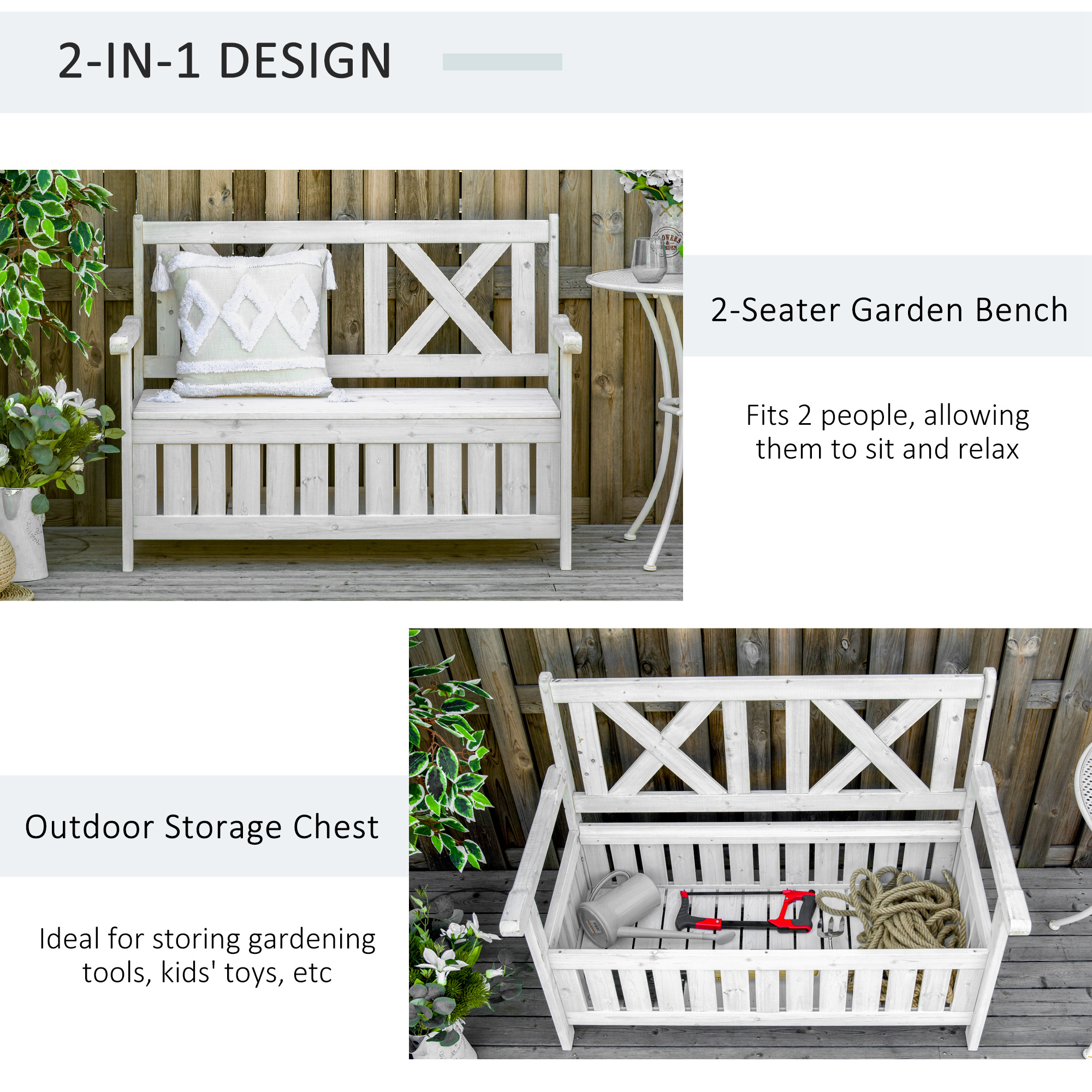 Outsunny Wooden Outdoor Storage Bench 2-Person Patio Bench with ...