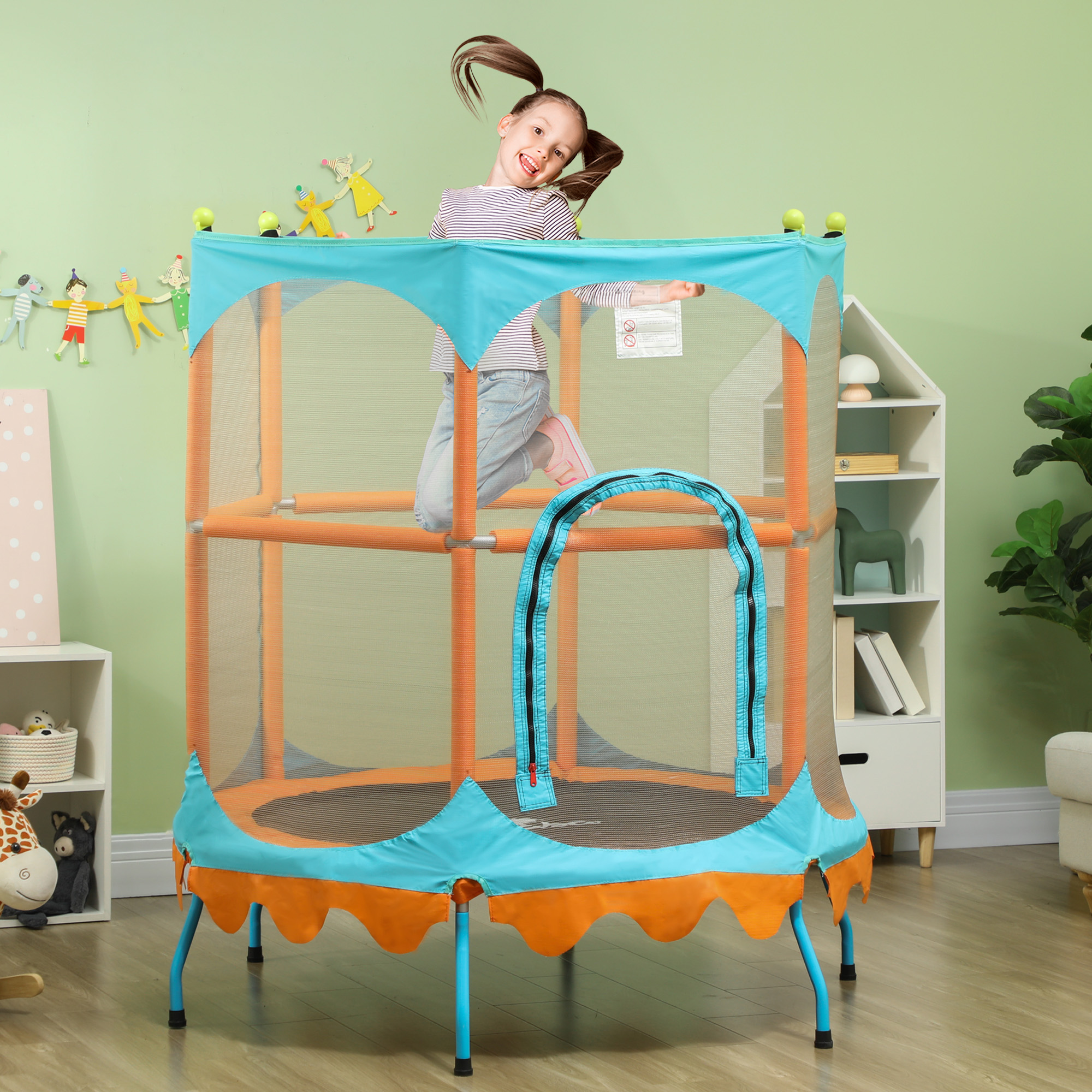 Qaba Trampoline for Kids, 4.6FT Mini Toddler Trampoline Indoor Outdoor w/ Safety Enclosure Net, Orange 0