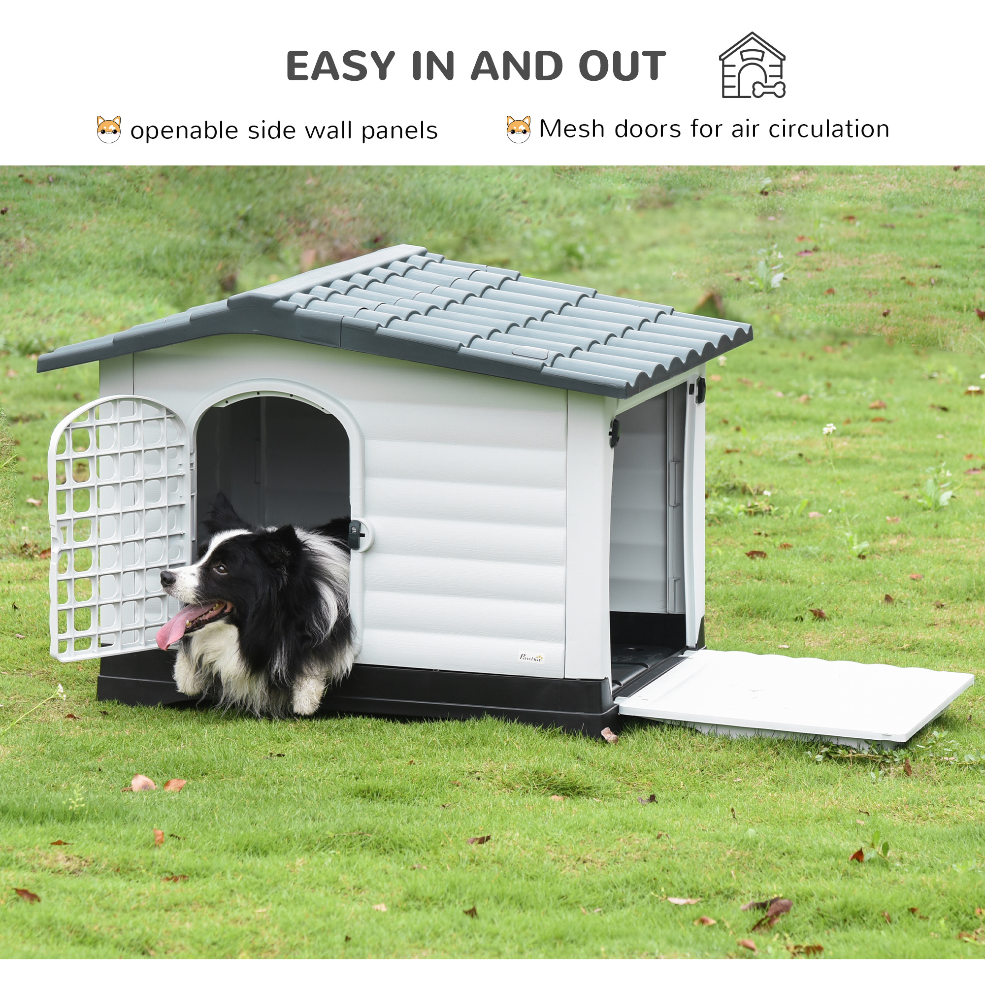 PawHut Plastic Dog House Puppy Kennel Pet Shelter with Raised Base Window  Door for Large Medium Dogs Indoor Outdoor 44