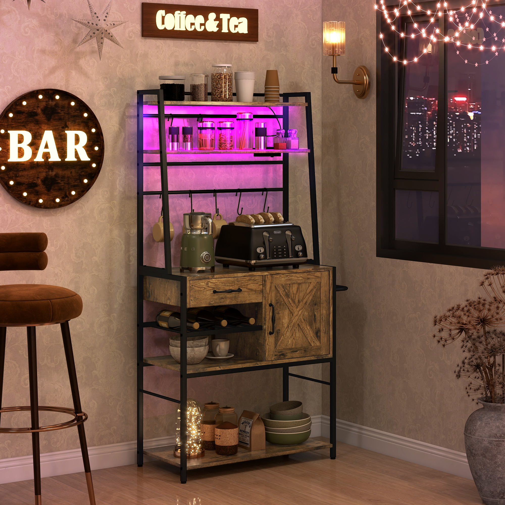 HOMCOM Industrial Kitchen Shelving Unit, Open Shelves for Kitchen w/ Charging Station, Towel Rack & LED Lights, Rustic Brown | Aosom.com 2