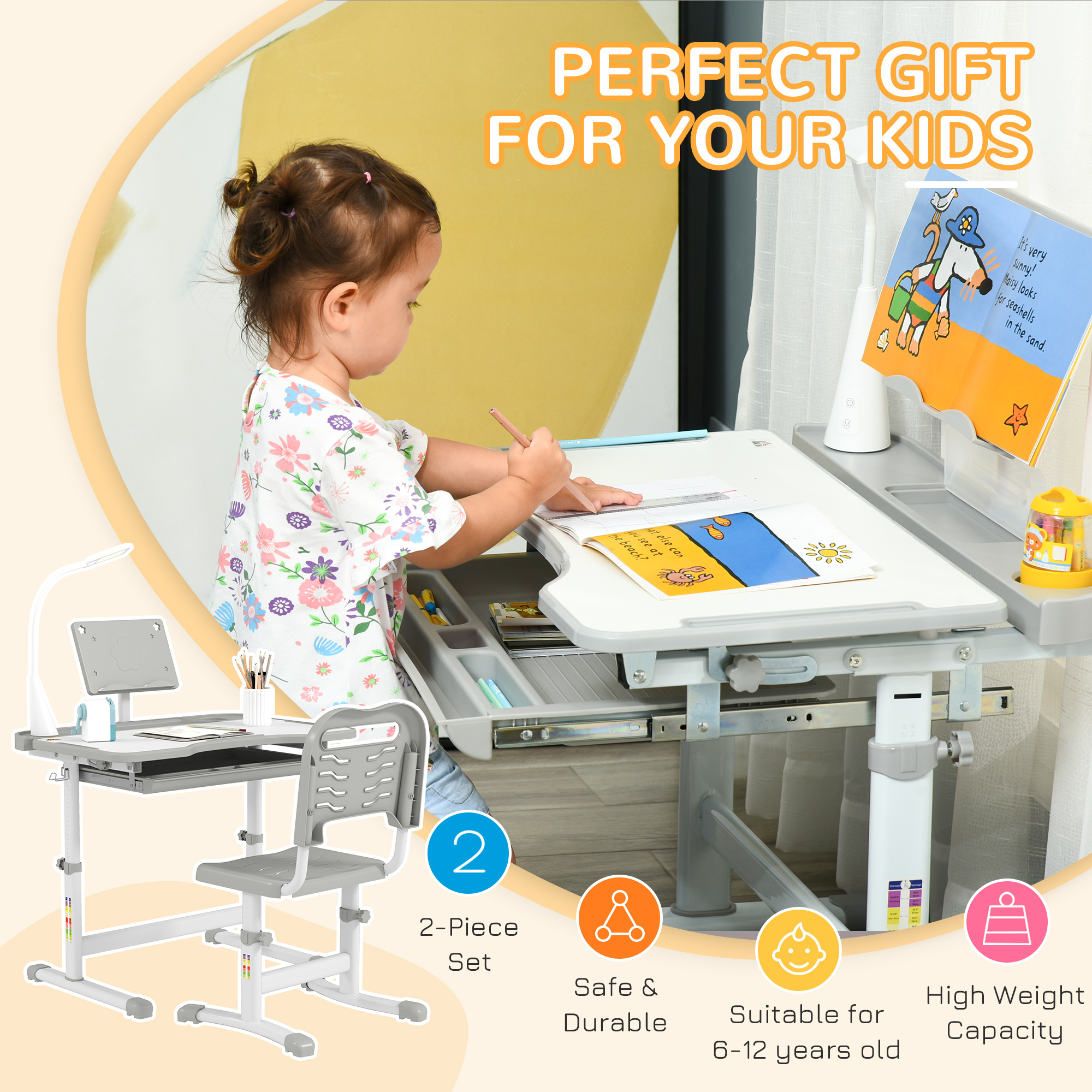 Qaba Kids Desk and Chair Set Height Adjustable Student Writing Desk ...
