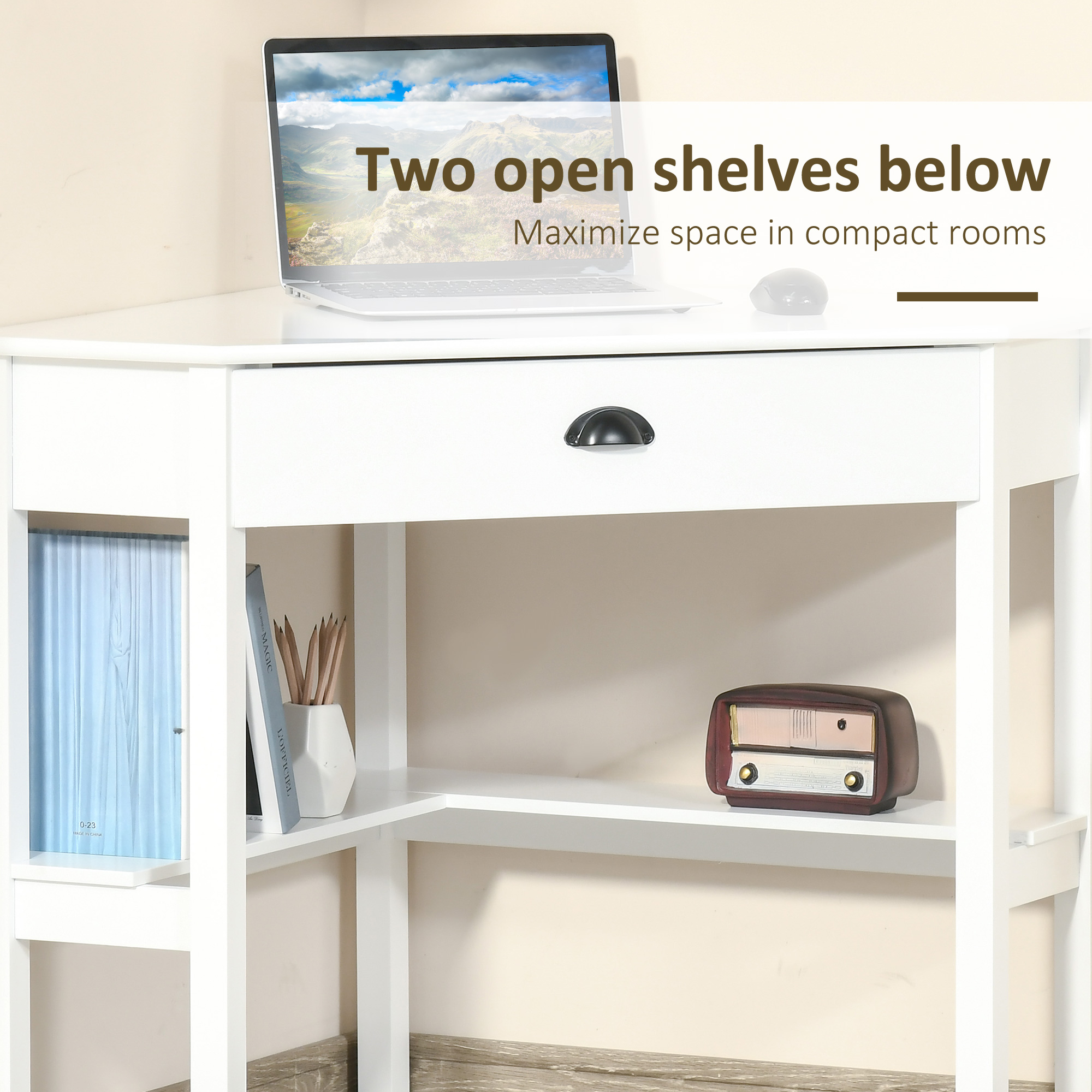 Corner desk with shelves above online
