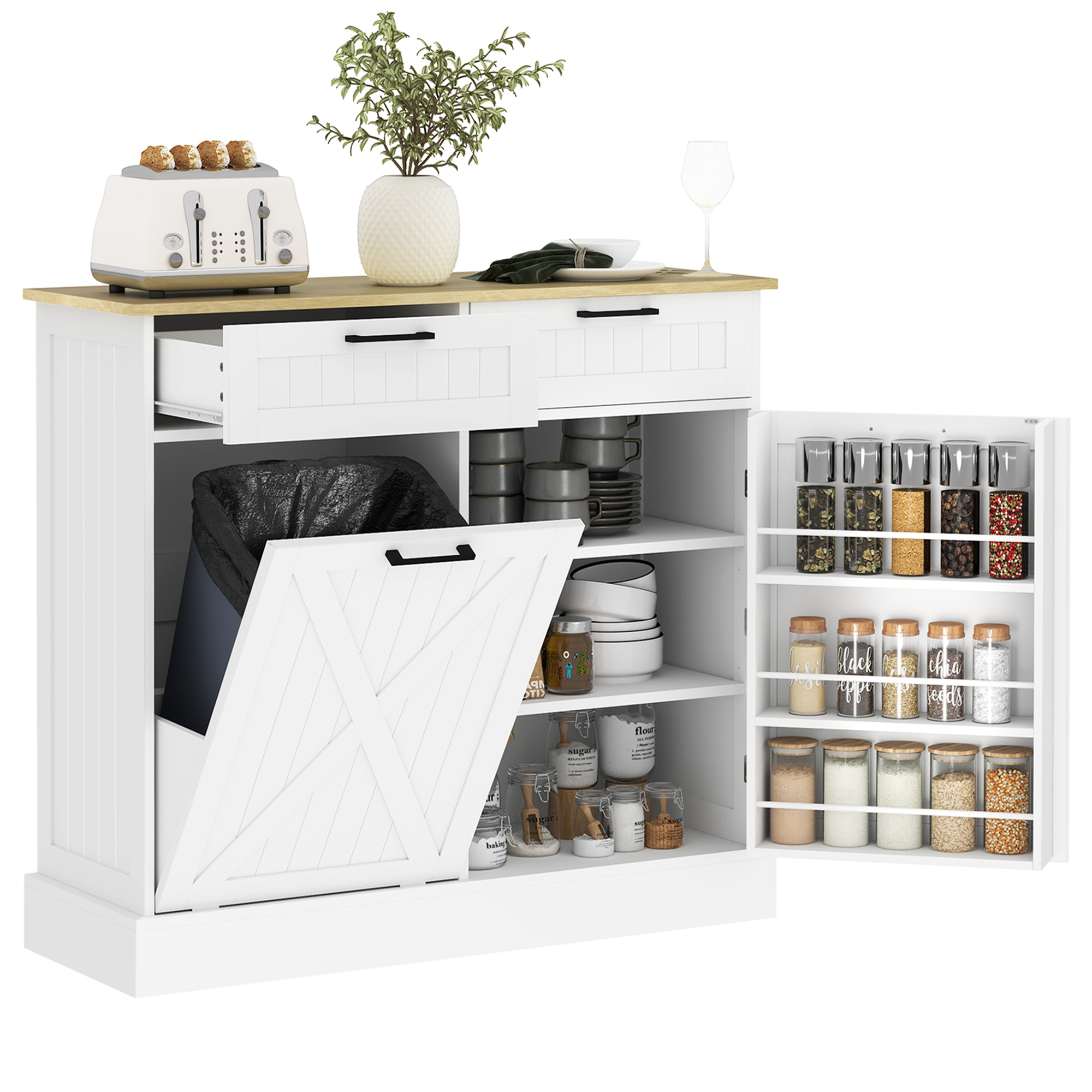 HOMCOM Farmhouse Kitchen Cabinet with Hidden Trash Can and 2 Drawers, Tilt Out Trash Can Cabinet for Kitchen, White
