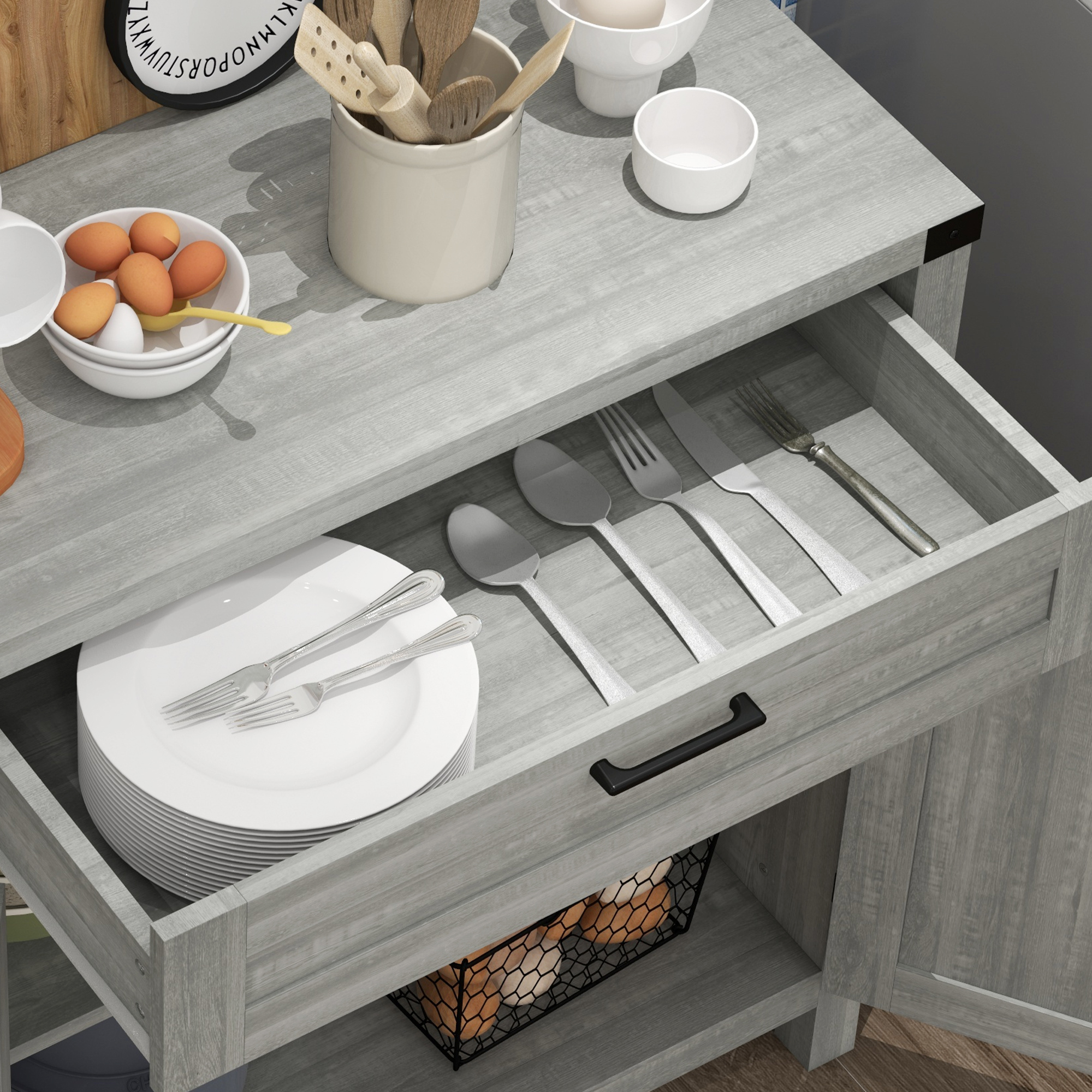 HOMCOM Modern Farmhouse Sideboard Storage Cabinet, Buffet Cabinet with 2 Barn Doors and Drawer for Dining Room, Gray | Aosom.com 7