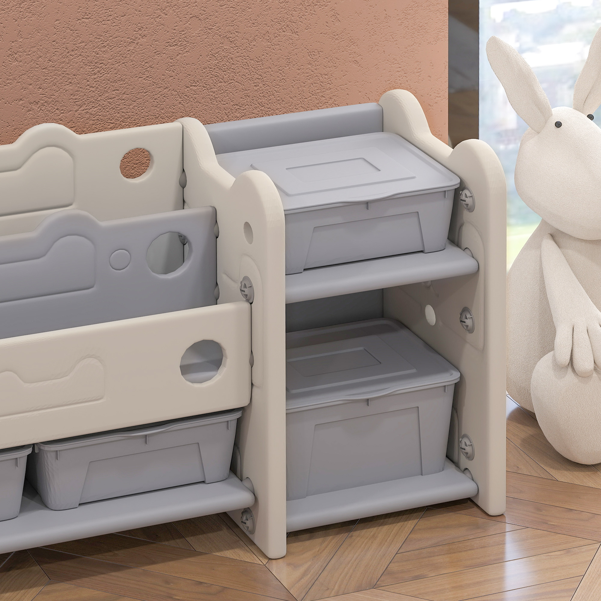 Qaba 2 Tier Kids Toy Storage Organizer, Cream White with 4 Storage Boxes, Bookshelves for Nursery, Playroom | Aosom.com 7