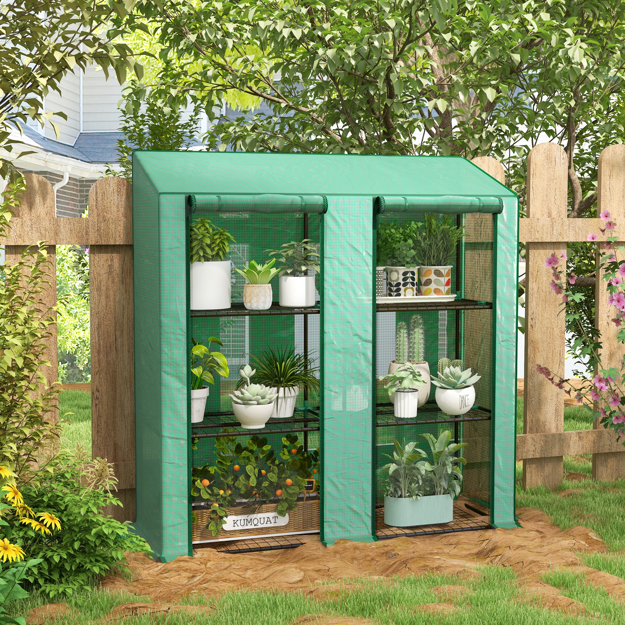 Outsunny Compact Portable Mini Greenhouse with 3 Tier Shelves Reinforced PE Cover Roll-up Door for Garden 56.3" x 18.1" x 59.4" | Aosom Canada