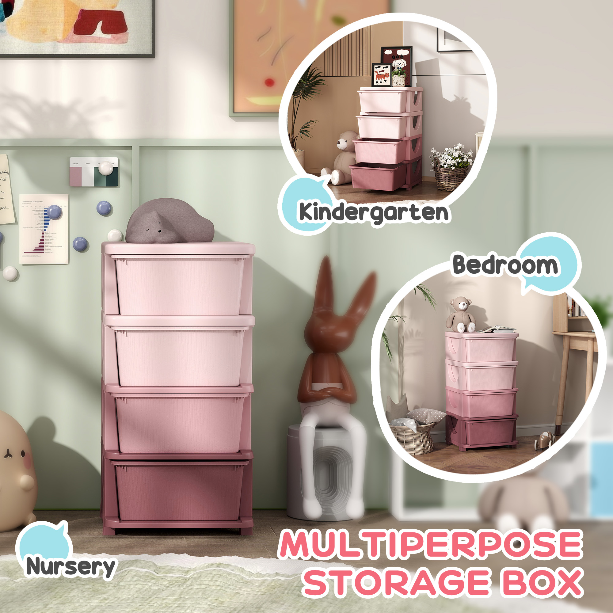 Qaba 30" 4 Tier Kids Storage Unit Dresser Tower w/ 4 Drawers, Pink 4