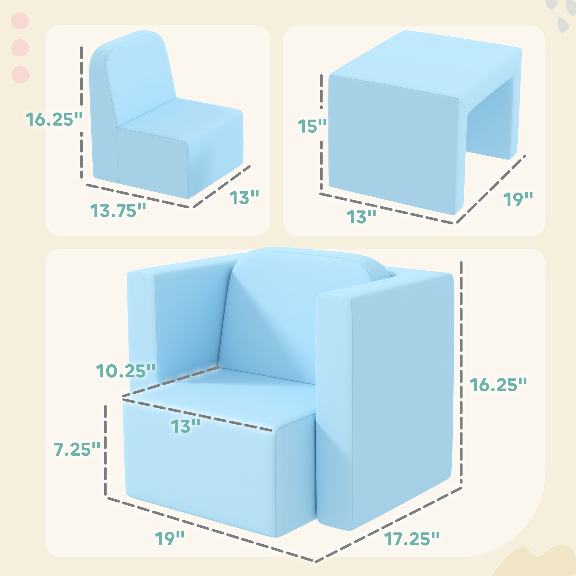 Qaba 2-in-1 Multifunctional Convertible Children Table and Chair Set, Kids Sofa with Extra Thick and Soft Padding, Light Blue | Aosom.com 1