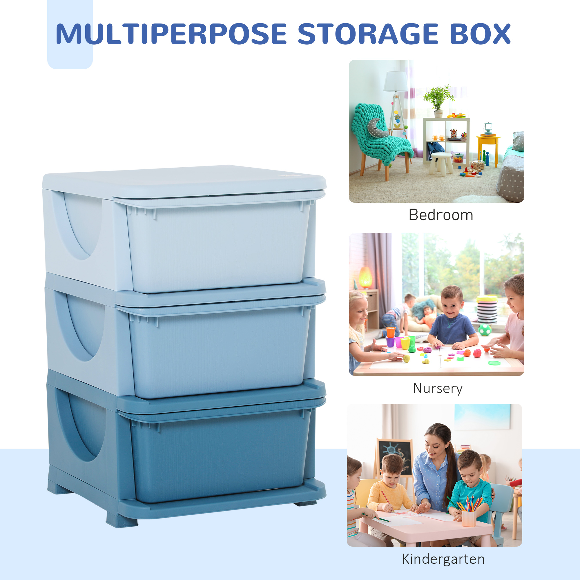 Qaba 3 Tier Kids Toy Storage Organizer with Drawers, Blue, Chest for Bedroom, Kindergarten, Living Room, for Boys and Girls | Aosom.com 4
