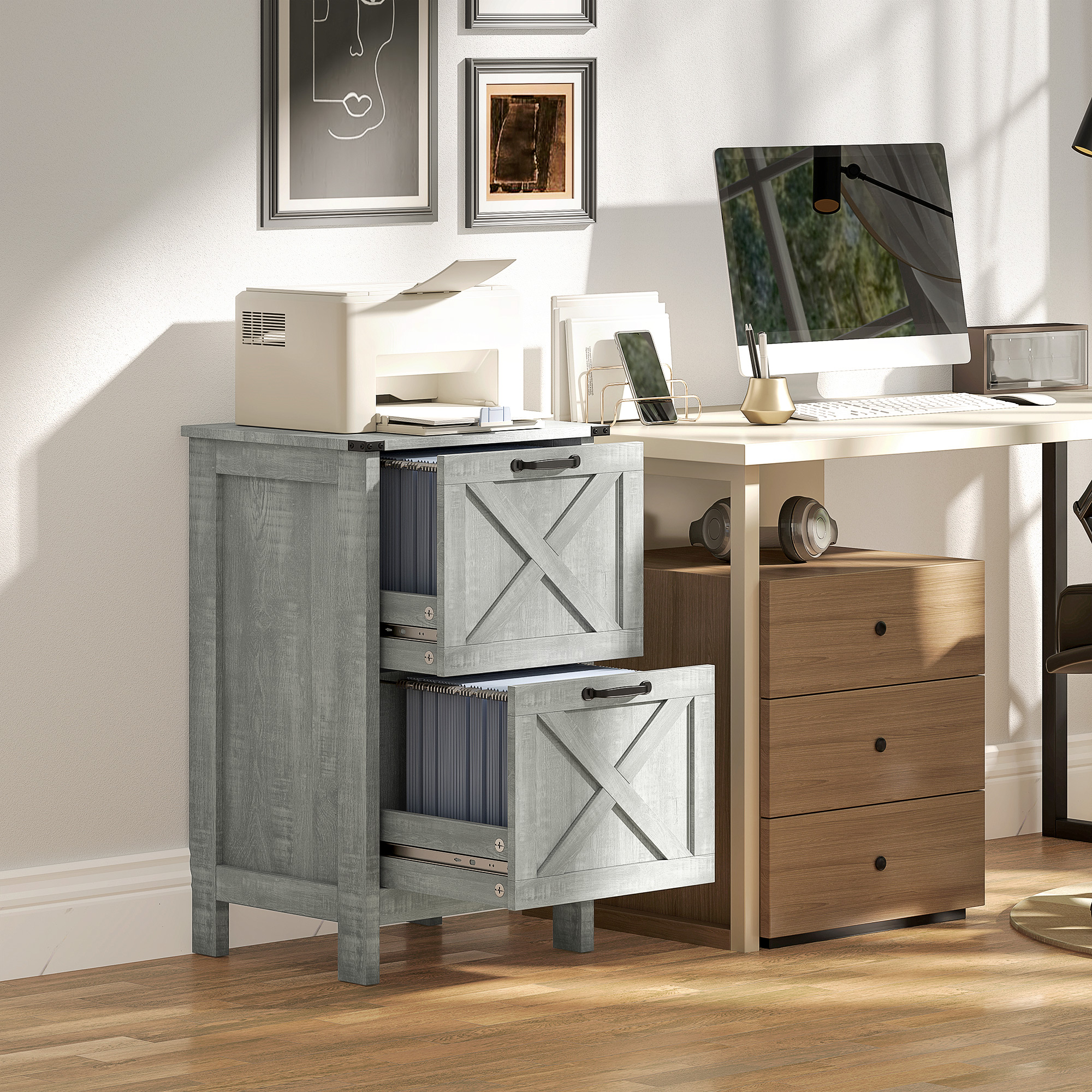 HOMCOM Vertical Filing Cabinet with 2 Drawers, Rustic Farmhouse Office Storage Cabinet for A4, Letter Size, Stone Grey Aosom Canada