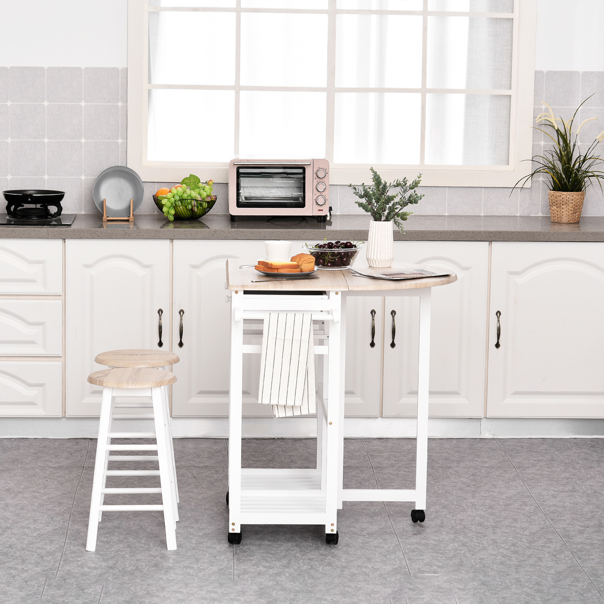 HOMCOM 3-Piece Kitchen Set: Rolling Trolley with Drop Leaf Table, 2 Stools, Towel Bars & Wheeled White Wood Design Aosom Canada