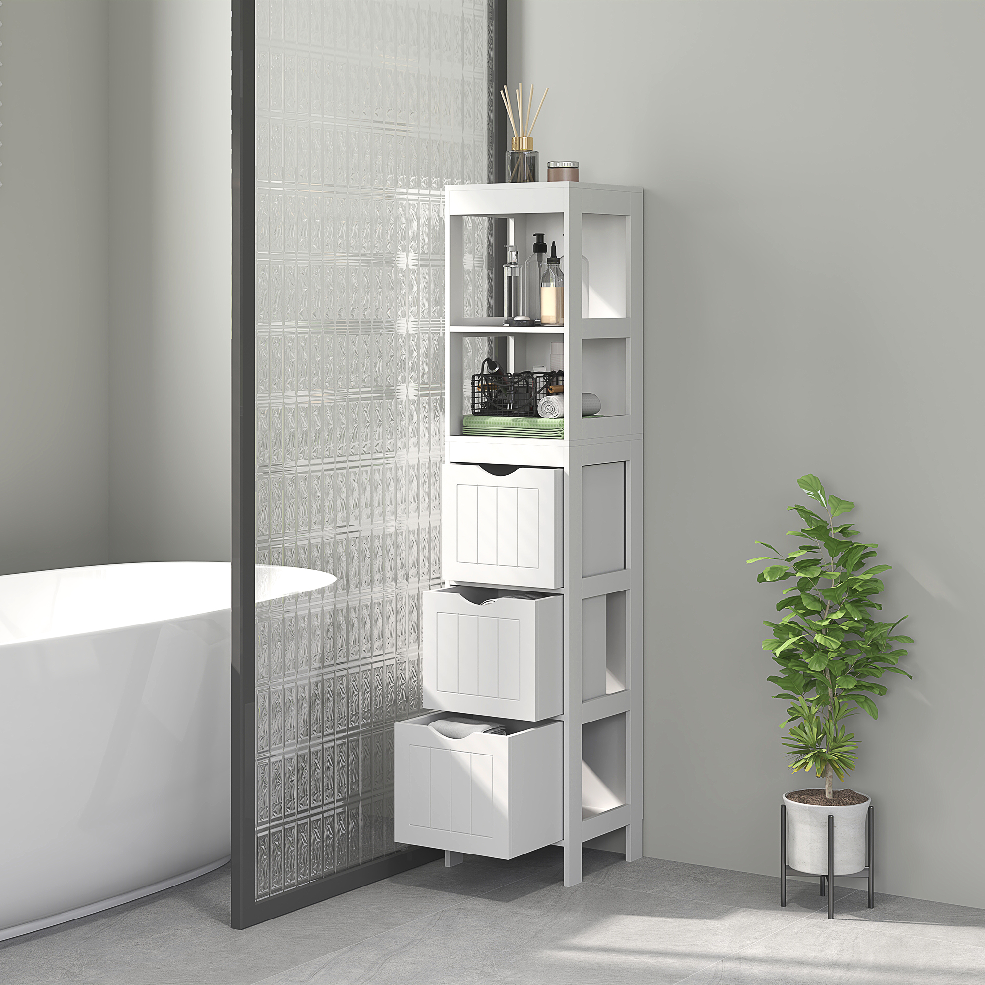HOMCOM Narrow Bathroom Storage Cabinet, Bathroom Cabinet with 3 Drawers & 2 Open Shelves, Slim Bathroom Floor Cabinet, White 0