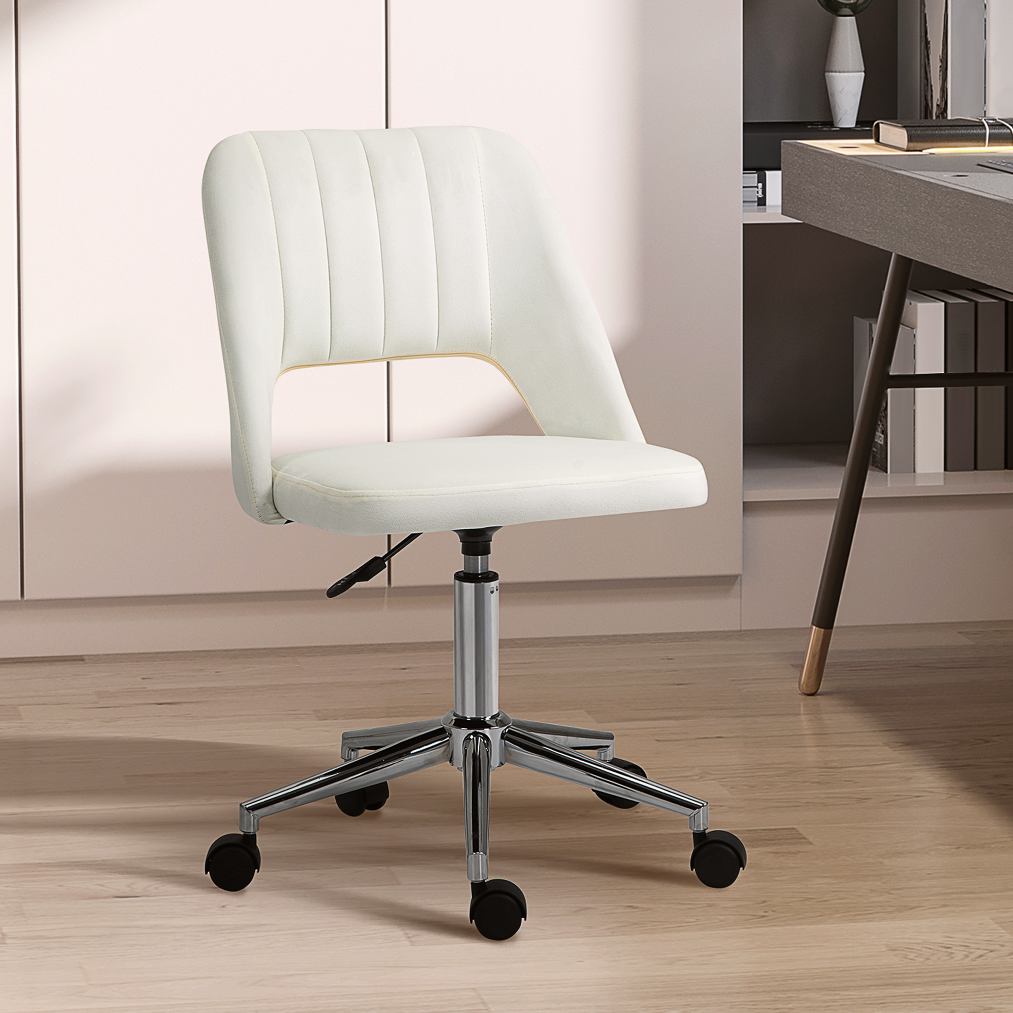 Vinsetto Mid Back Office Chair Velvet Fabric Swivel Scallop Shape Computer Desk Chair, Cream White Aosom Canada