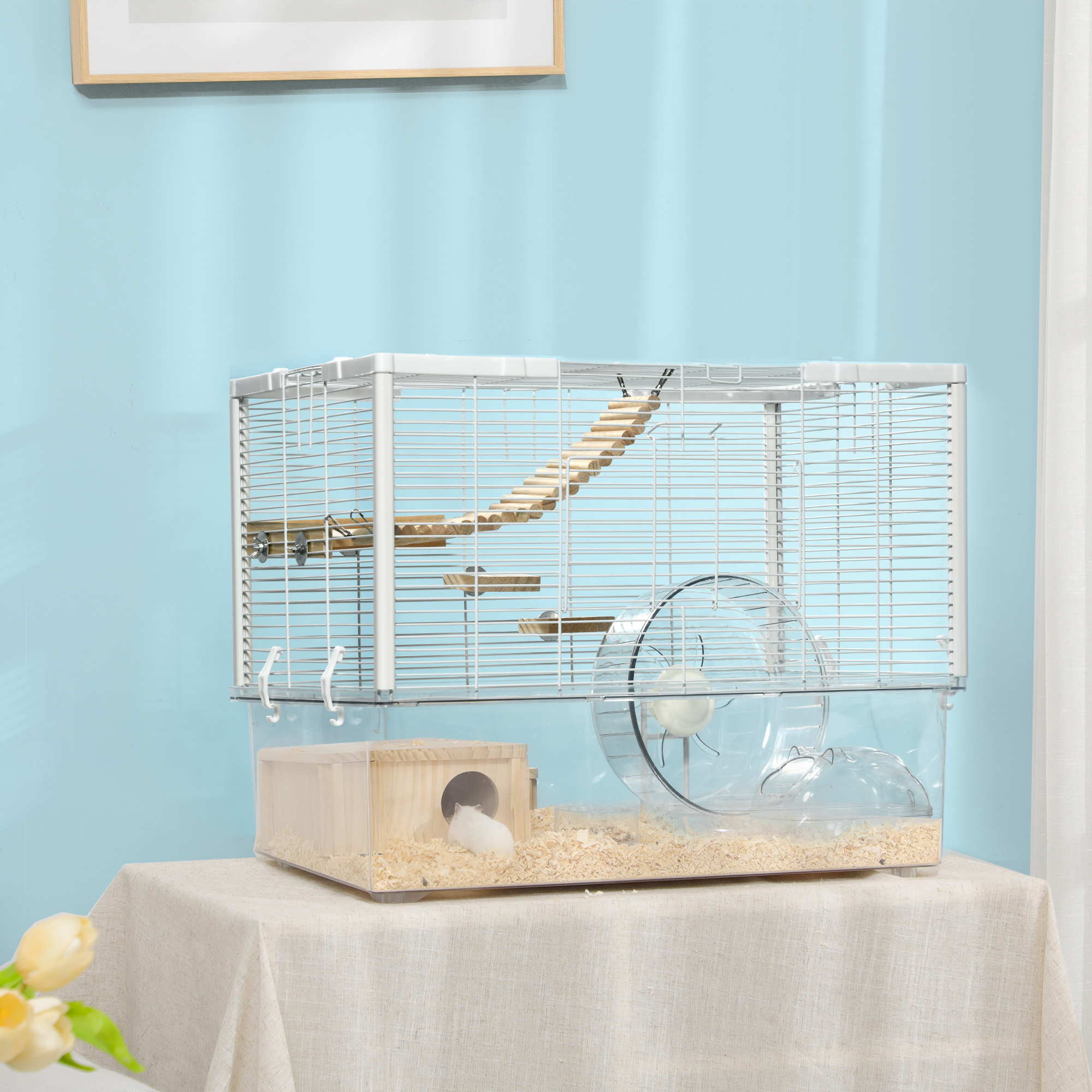 PawHut Hamster Cage with Deep Bottom, Wooden Ramp, Hut, Bathroom and ...