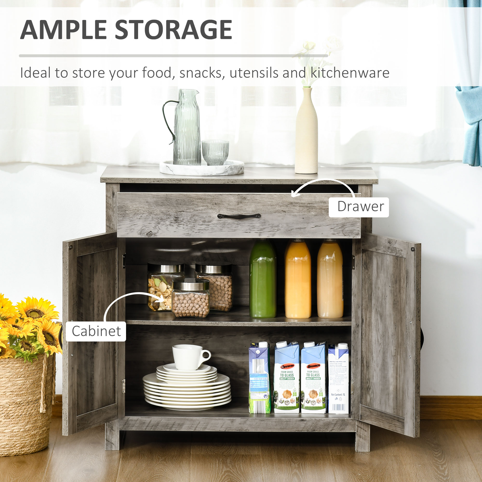 HOMCOM 32" Farmhouse Sideboard Buffet Cabinet, Barn Door Style Coffee Bar for Kitchen, Living Room or Entryway, Gray Wash 2
