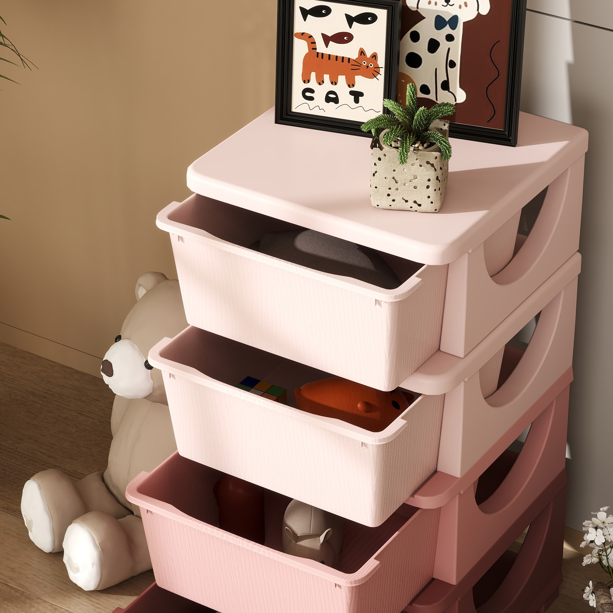 Qaba 30" 4 Tier Kids Storage Unit Dresser Tower w/ 4 Drawers, Pink 6