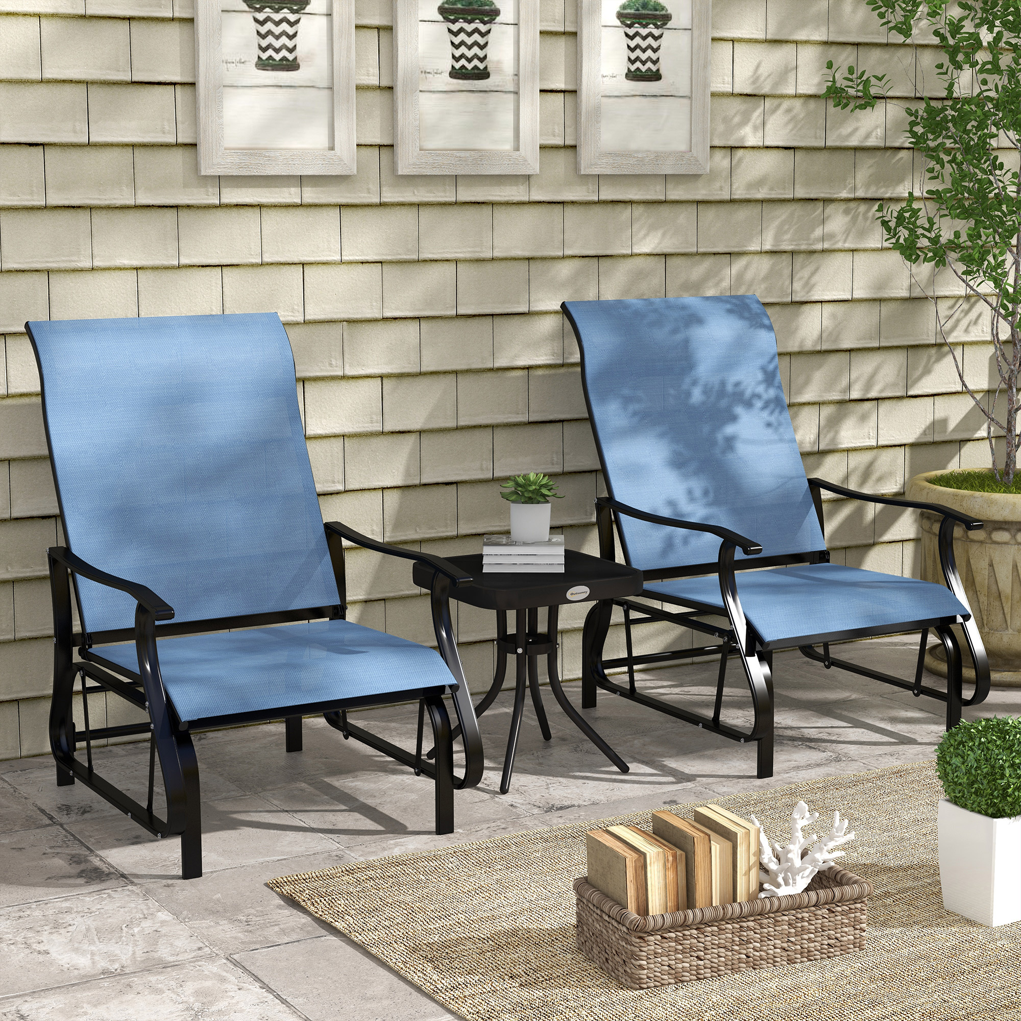 Outsunny 3PCs Gliding Rocking Chair & Bistro Tea Table Set, Light Blue Aosom Canada