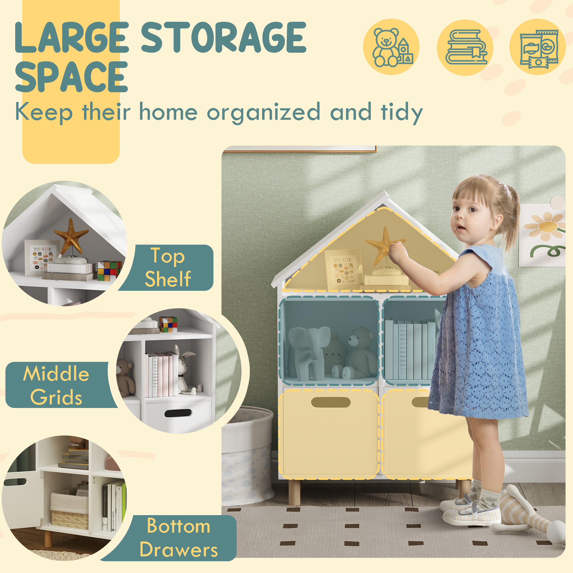 Qaba 3 Tier Kids Bookshelf with Two Drawers, for Kids Rooms, Bedroom, Nursery, White 2