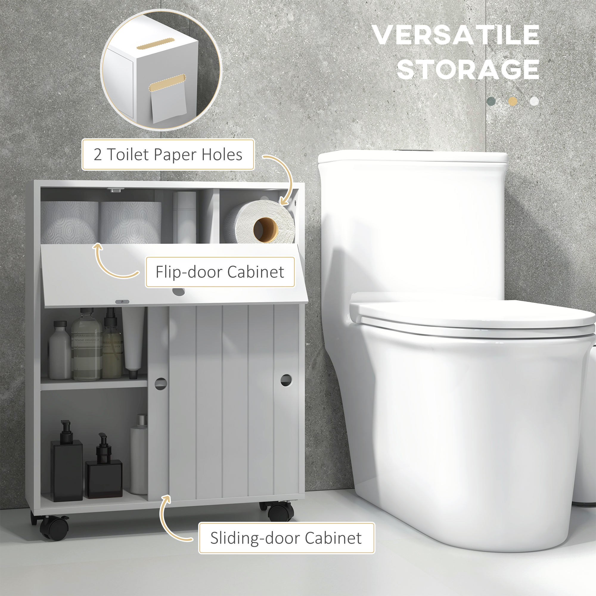 kleankin Toilet Paper Cabinet, Slim Bathroom Cabinet with 4 Rolling Wheels, Small Bathroom Storage Cabinet w/ Sliding Doors & Adjustable Shelf, White 2