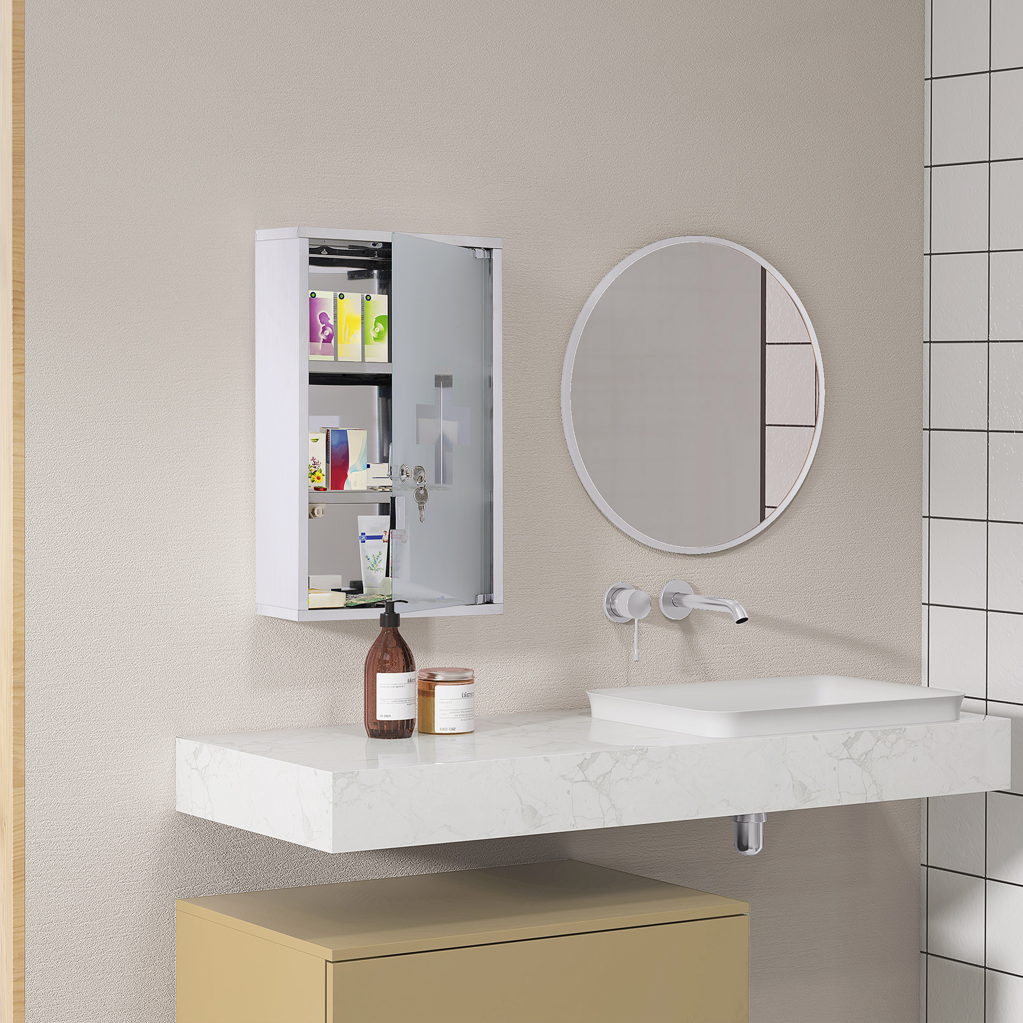 HOMCOM Medicine Cabinet Lockable 12"x20", Stainless Steel, 3 Tier with Shelves for Bathroom Storage | Aosom.com 0