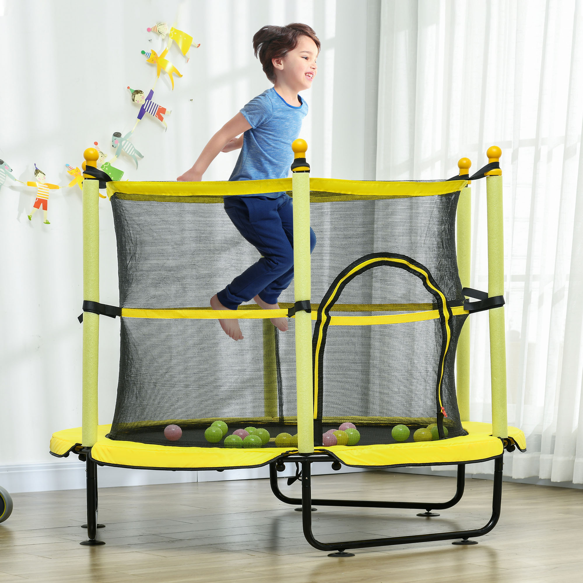 Qaba Kids 4.6 Ft Trampoline with Safety Enclosure & Ball Pit, Yellow, Indoor Play Equipment | Aosom.com 0