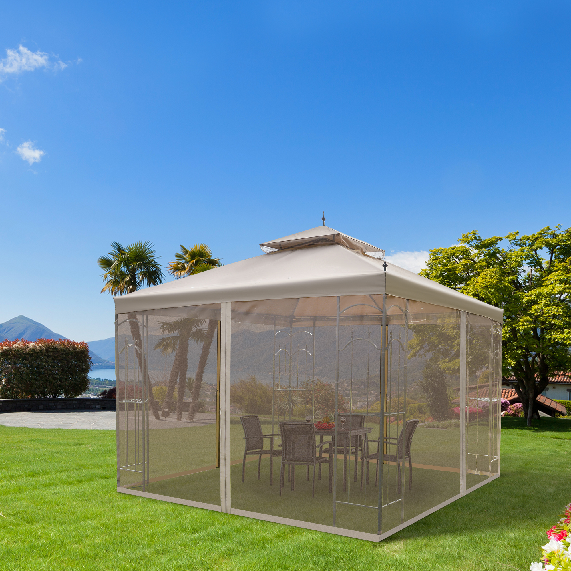 Outsunny 10' x 10' Steel Outdoor Patio Gazebo Canopy with Removable Mesh Curtains, Display Shelves, & Steel Frame, Brown Aosom Canada