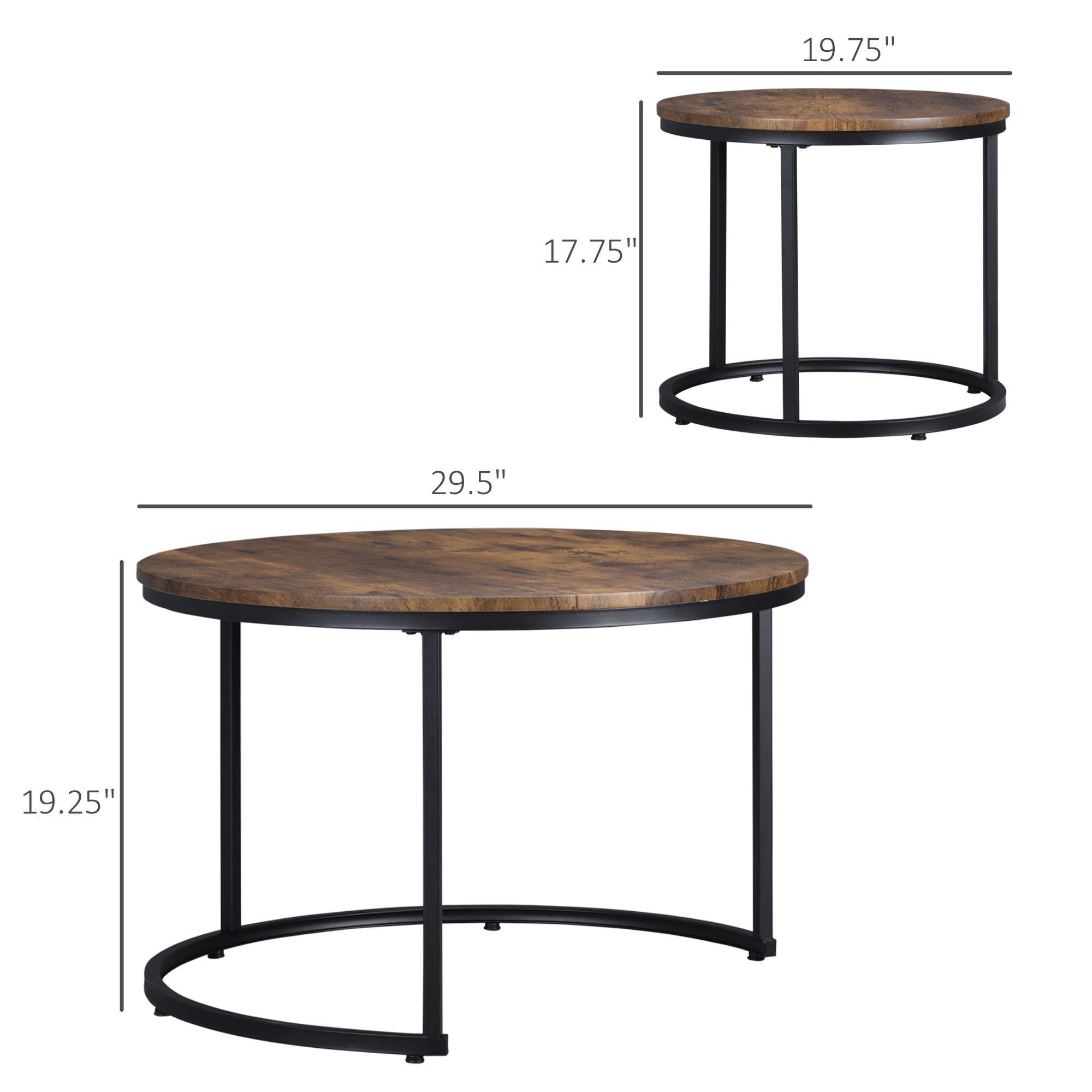 HOMCOM Round Nesting Tables Set of 2, Stacking Coffee Table Set with Metal Frame for Living Room, Rustic Brown 1