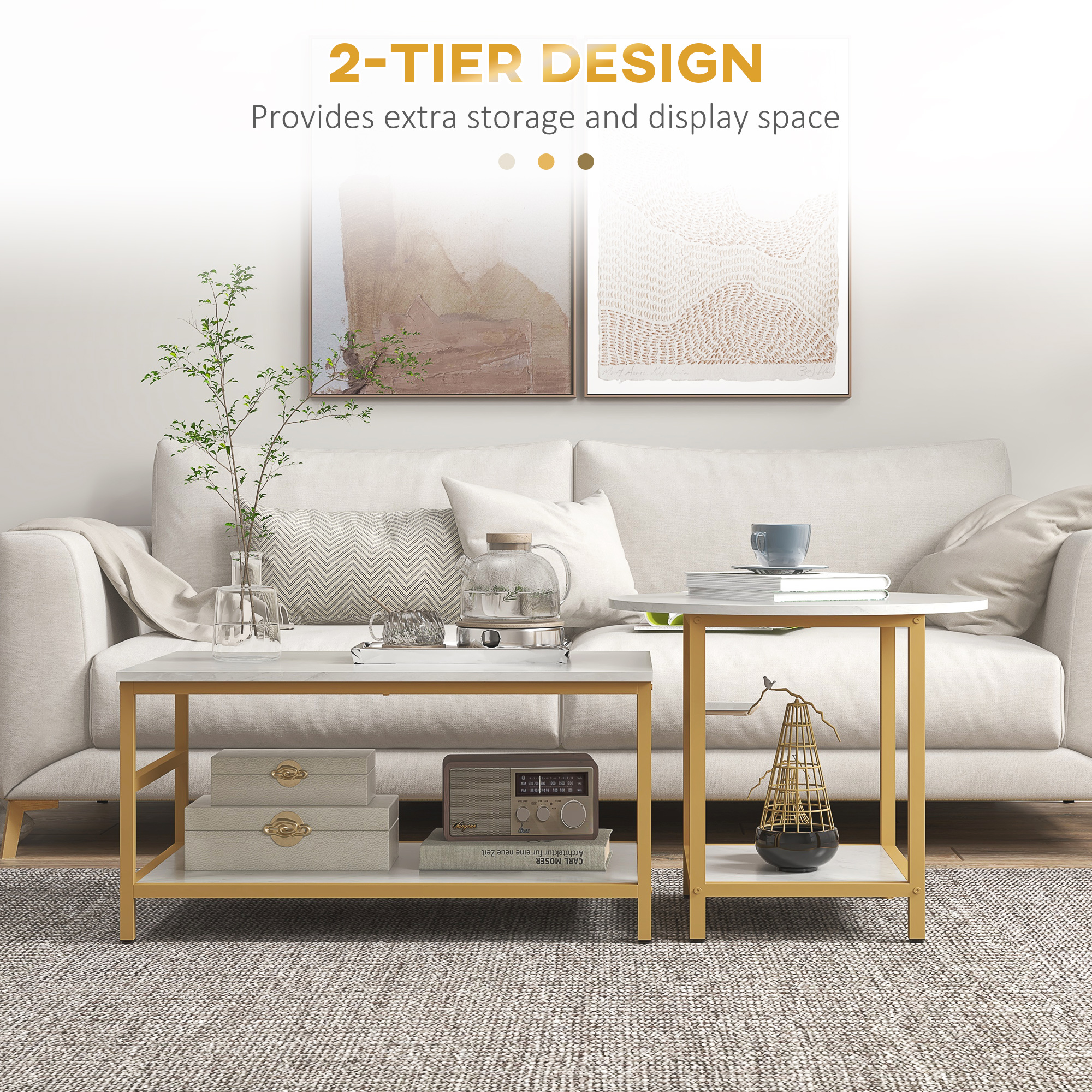 HOMCOM Coffee Tables Sets of 2, Rectangle and Round Coffee Table with Storage Shelves, Faux Marble Top, Living Room Table Set, White 3