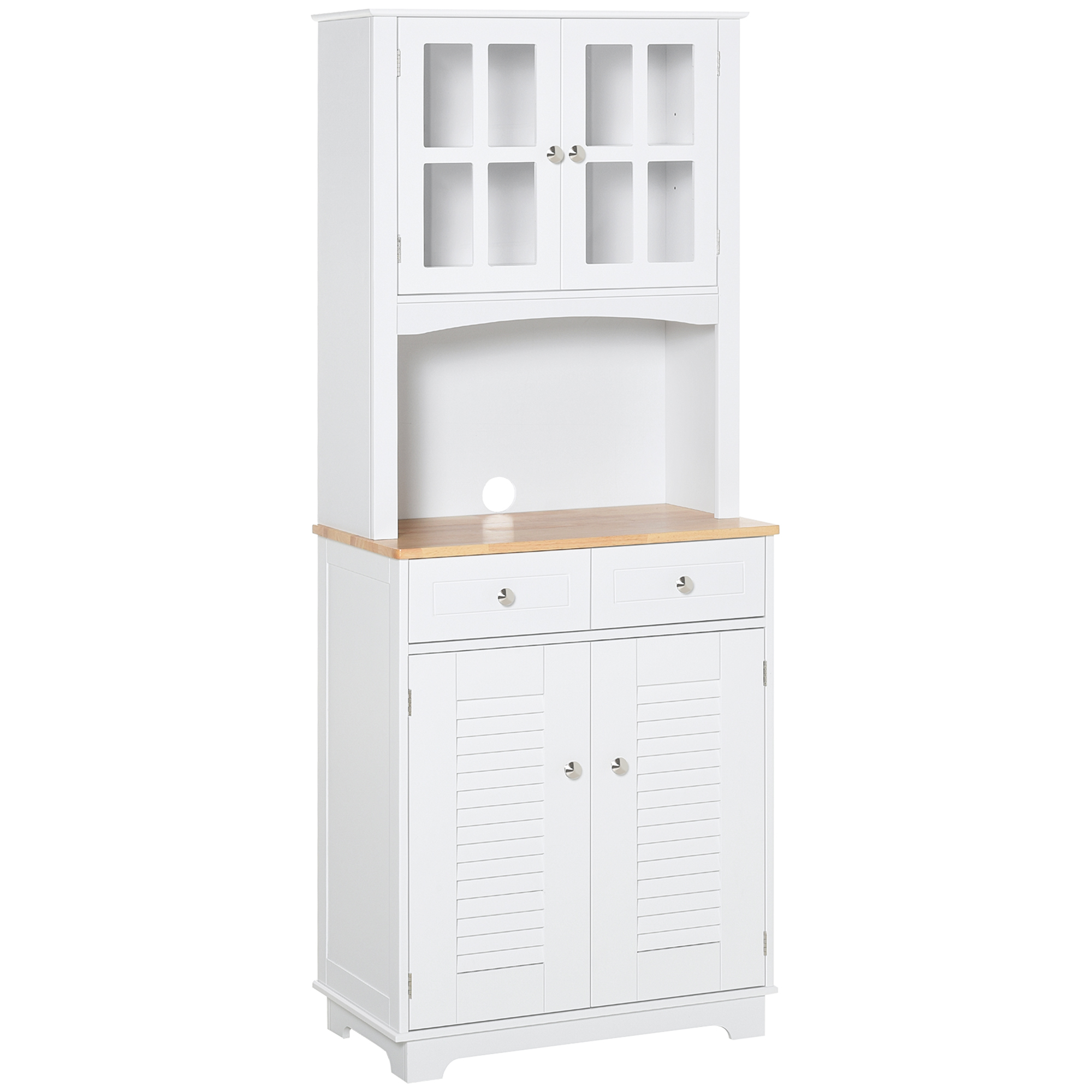 HOMCOM 67" Modern Buffet with Hutch, Louvered Kitchen Pantry Microwave Cabinet with Framed Glass Doors and 2 Drawers, White