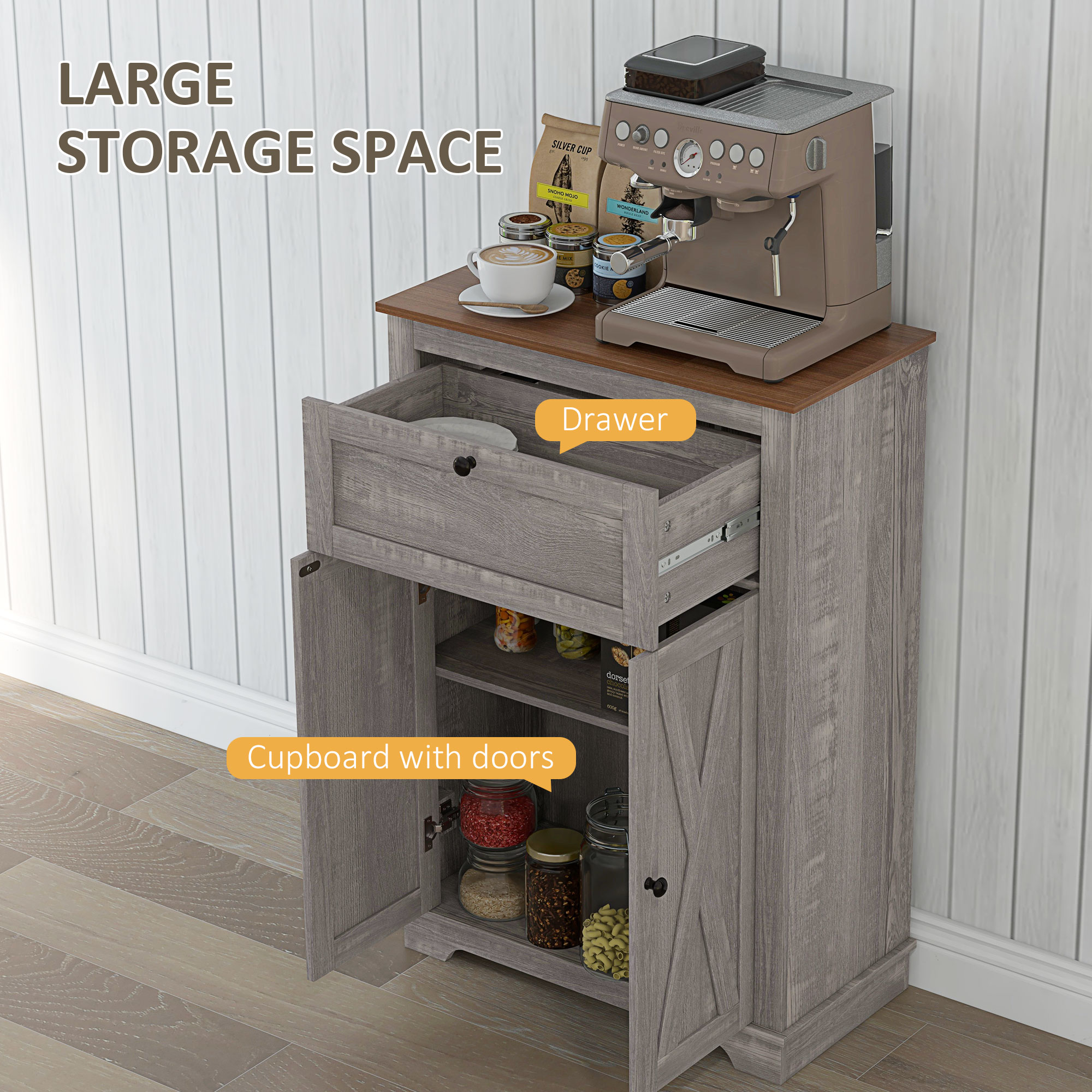HOMCOM Farmhouse Sideboard Cabinet with Doors and Drawer for Kitchen, Living room, 23.5"x11.75"x34.5", Gray | Aosom.com 2