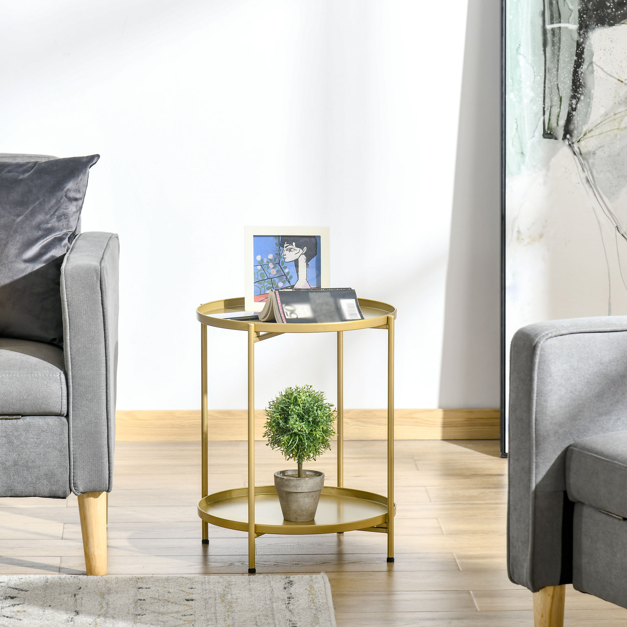 HOMCOM Accent Table 2 Tier Side Table with Removable Trays and Sturdy Metal Frame for Small Spaces Gold Aosom Canada