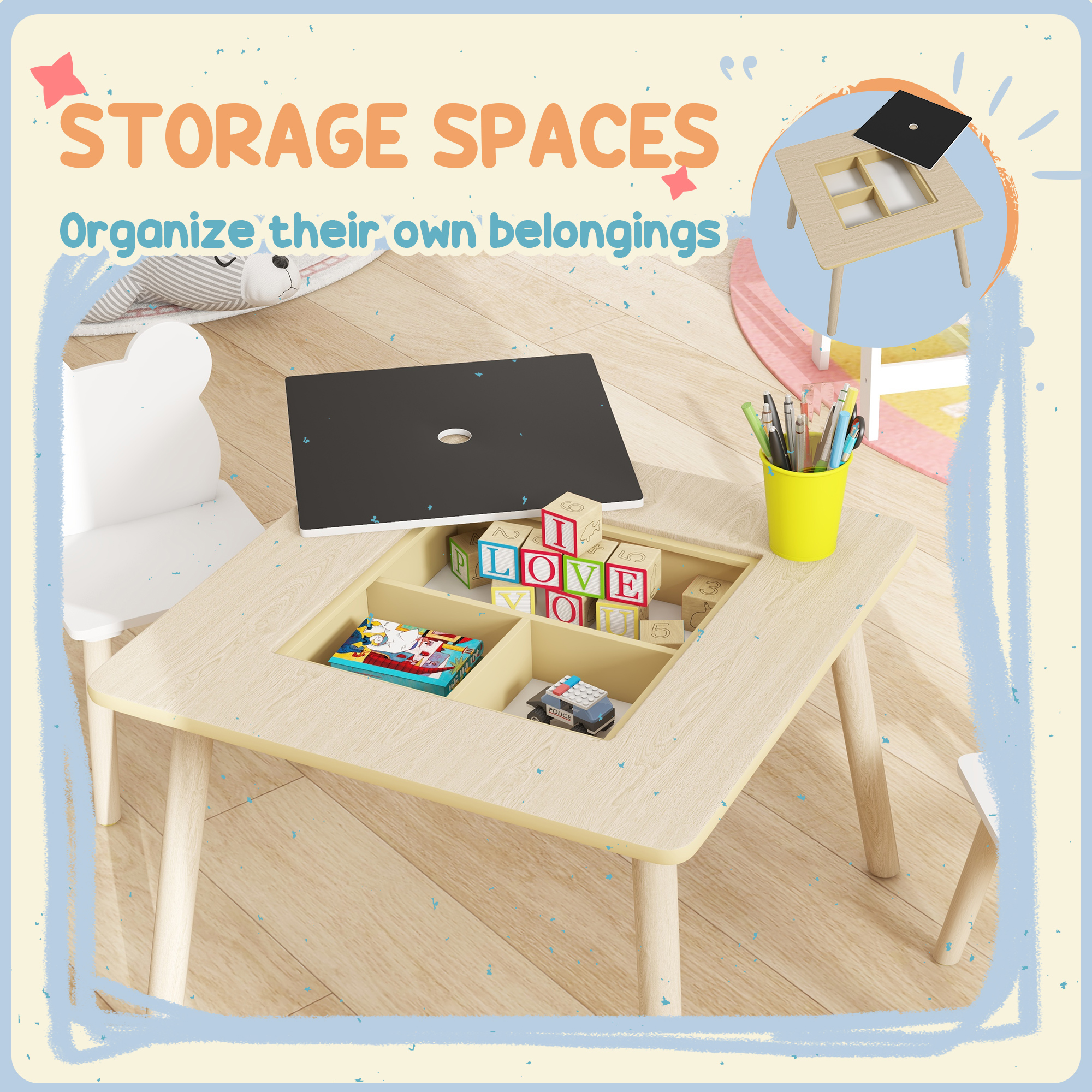 Qaba 3 Piece Kids Table and Chair Set with Convertible Desk with Storage, 3 in 1 Toddler Table and Chair Set for Nursery | Aosom.com 4