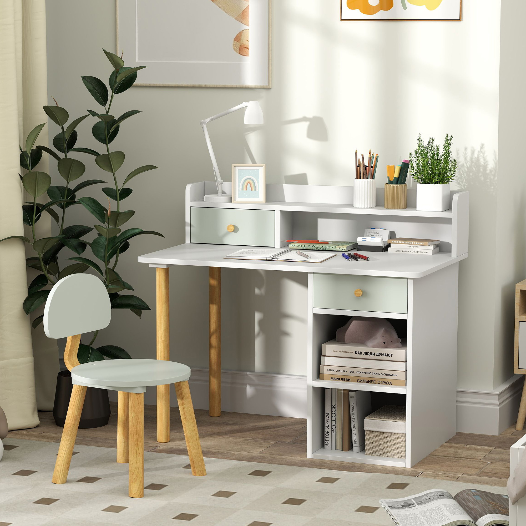Qaba Kids Study Table and Chair Set, Kids Desk and Chair Set w/ Storage ...