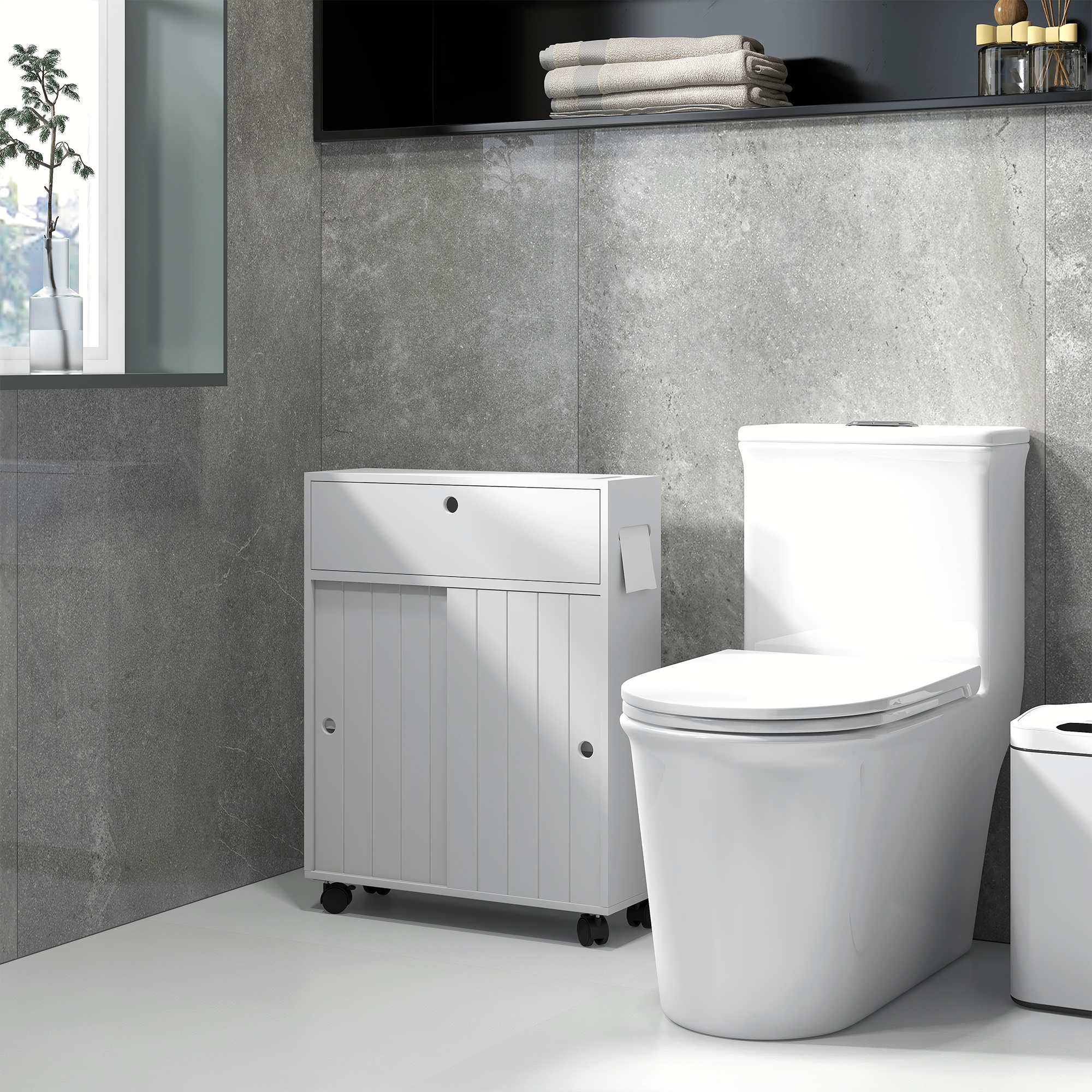 kleankin Toilet Paper Cabinet, Slim Bathroom Cabinet with 4 Rolling Wheels, Small Bathroom Storage Cabinet w/ Sliding Doors & Adjustable Shelf, White 5