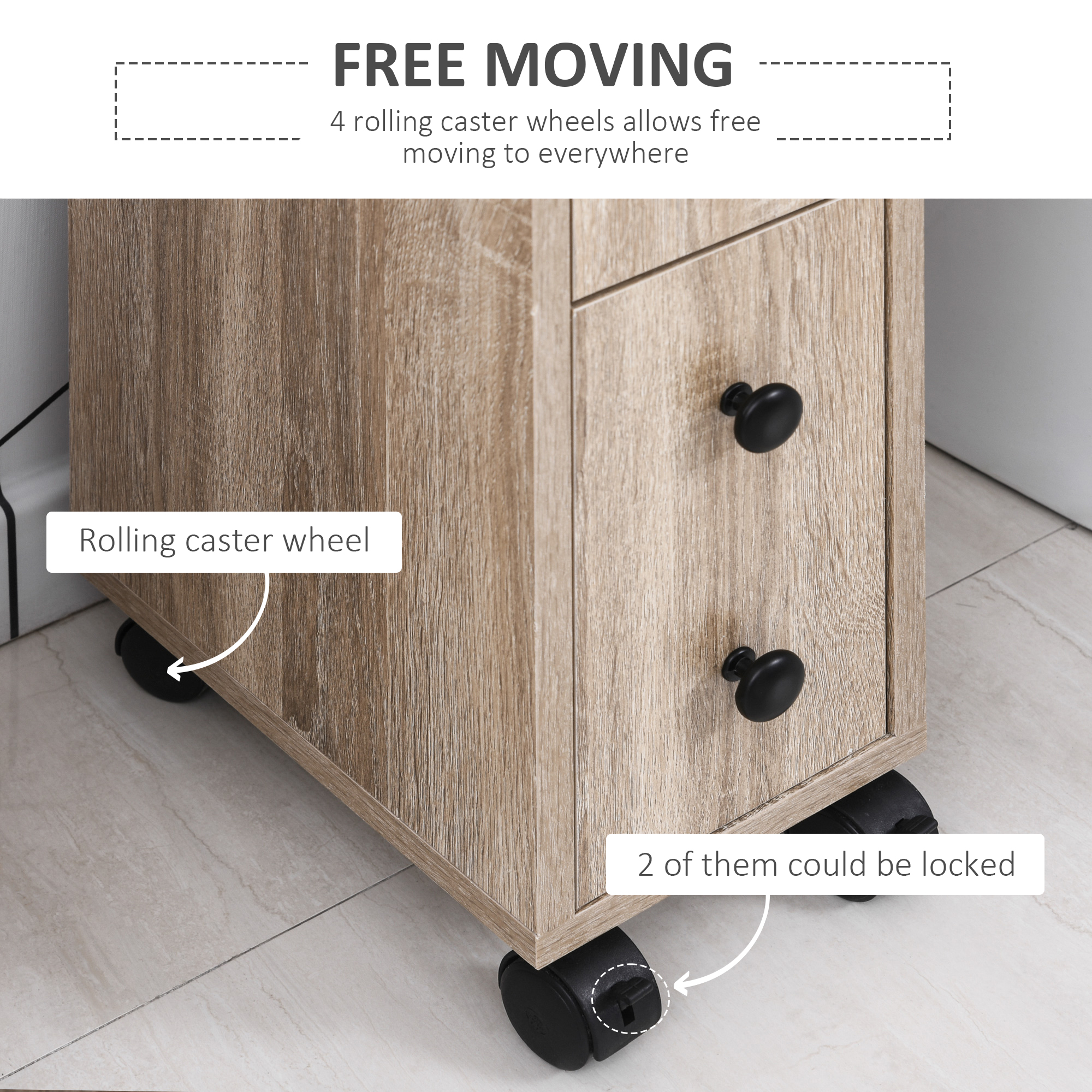 kleankin Freestanding Compact Design Bathroom Cabinet with 2 Open Cabinets  1 Door Cabinet  1 Drawer and 4 Rolling Wheels  Oak Grain Color 3