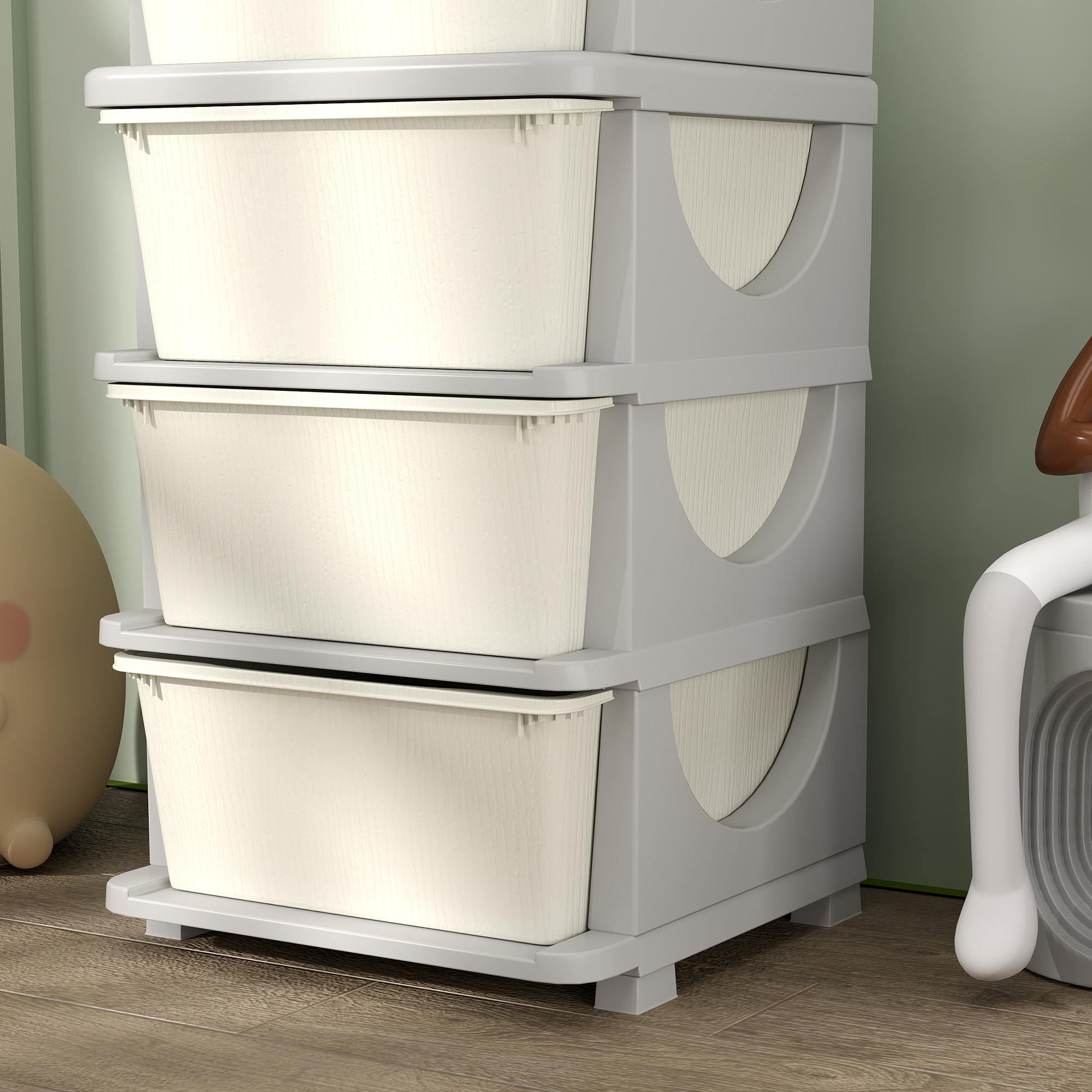 Qaba 30" 4 Tier Kids Storage Unit Dresser Tower w/ 4 Drawers, Cream White 7