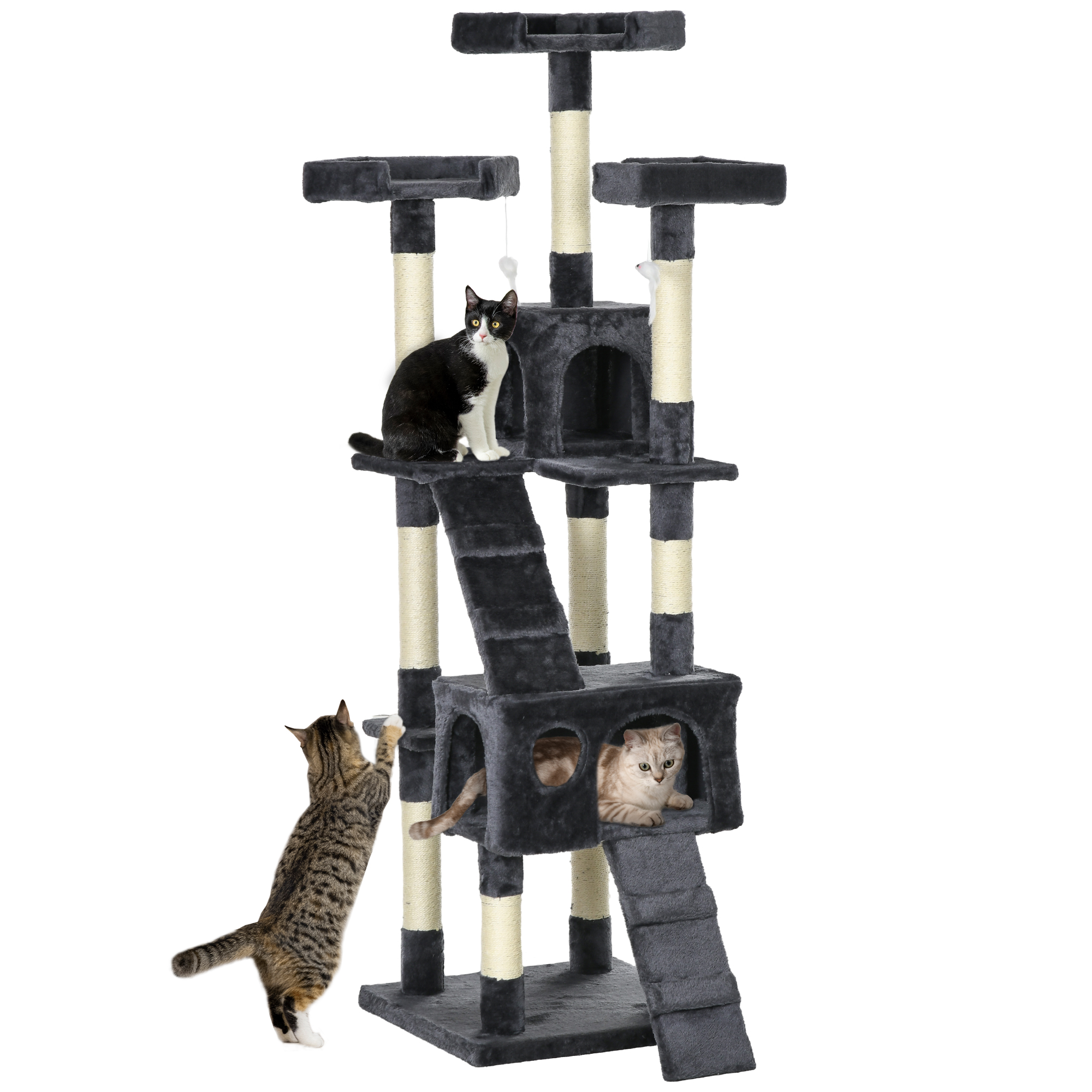 68-inch Multi-Level Feline Scratching Tree Kitty Activity Center Post Tower Condo Animal Furnishing w/ Plaything Charcoal Grey 1