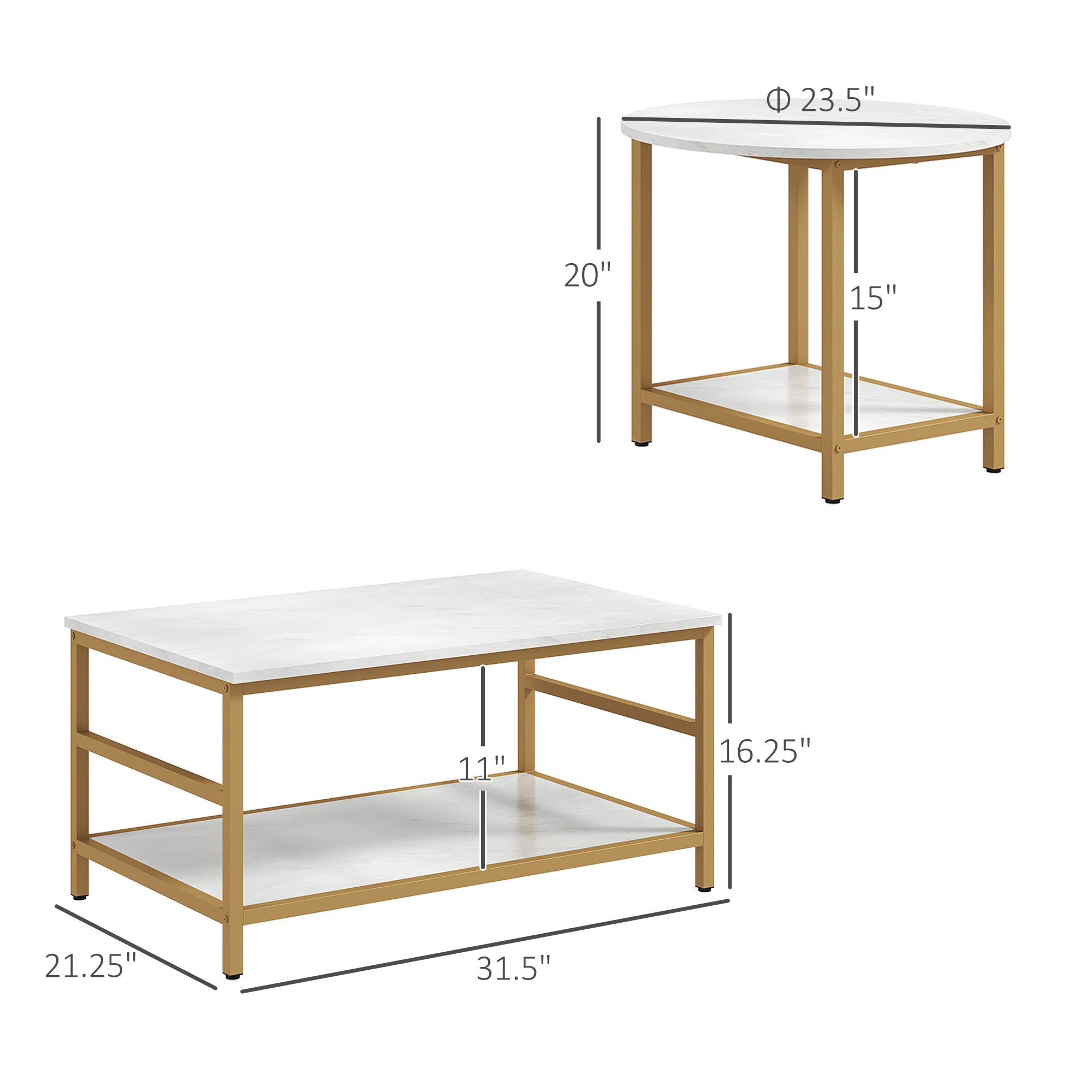 HOMCOM Coffee Tables Sets of 2, Rectangle and Round Coffee Table with Storage Shelves, Faux Marble Top, Living Room Table Set, White 1