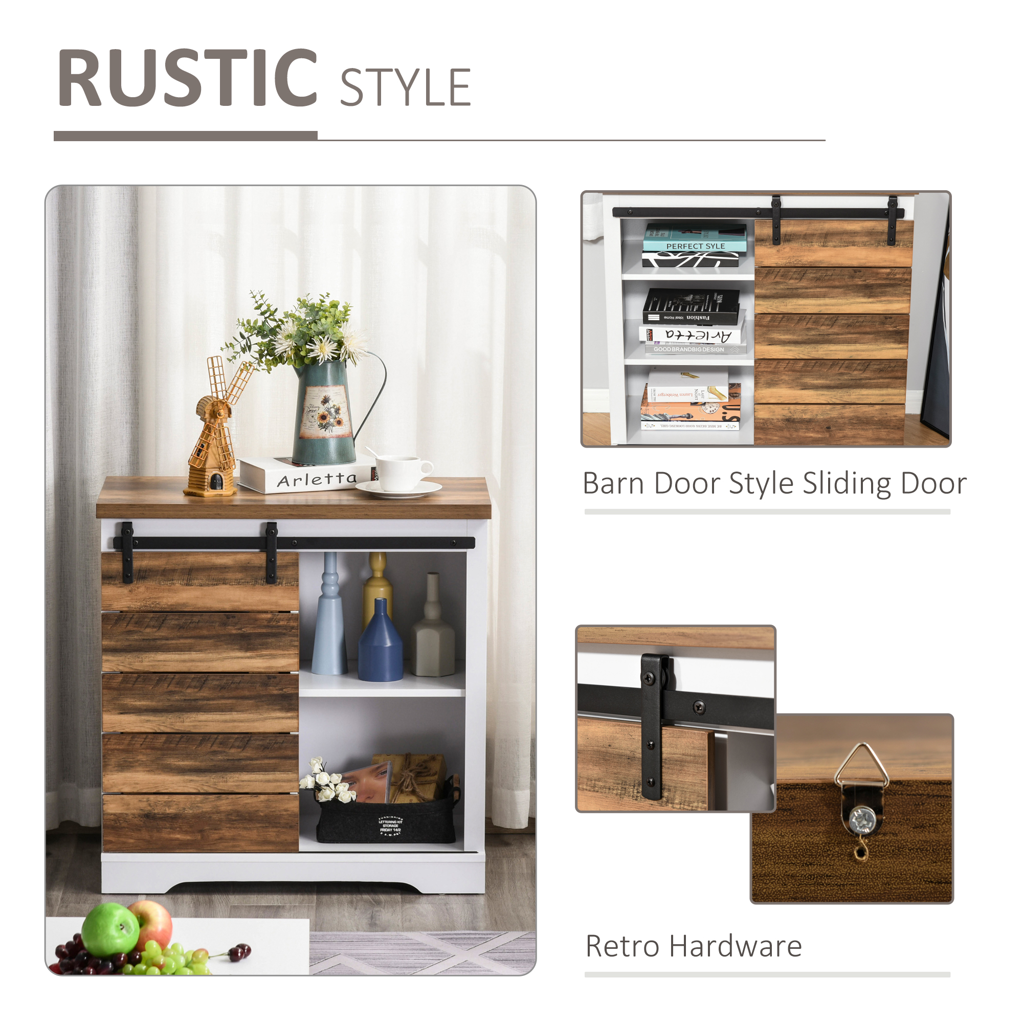 HOMCOM Portable Kitchen Island Rustic Farmhouse Accent Side Cabinet Buffet Sideboard With Sliding Barn Door for Kitchen, Entryway & Dining Room 3