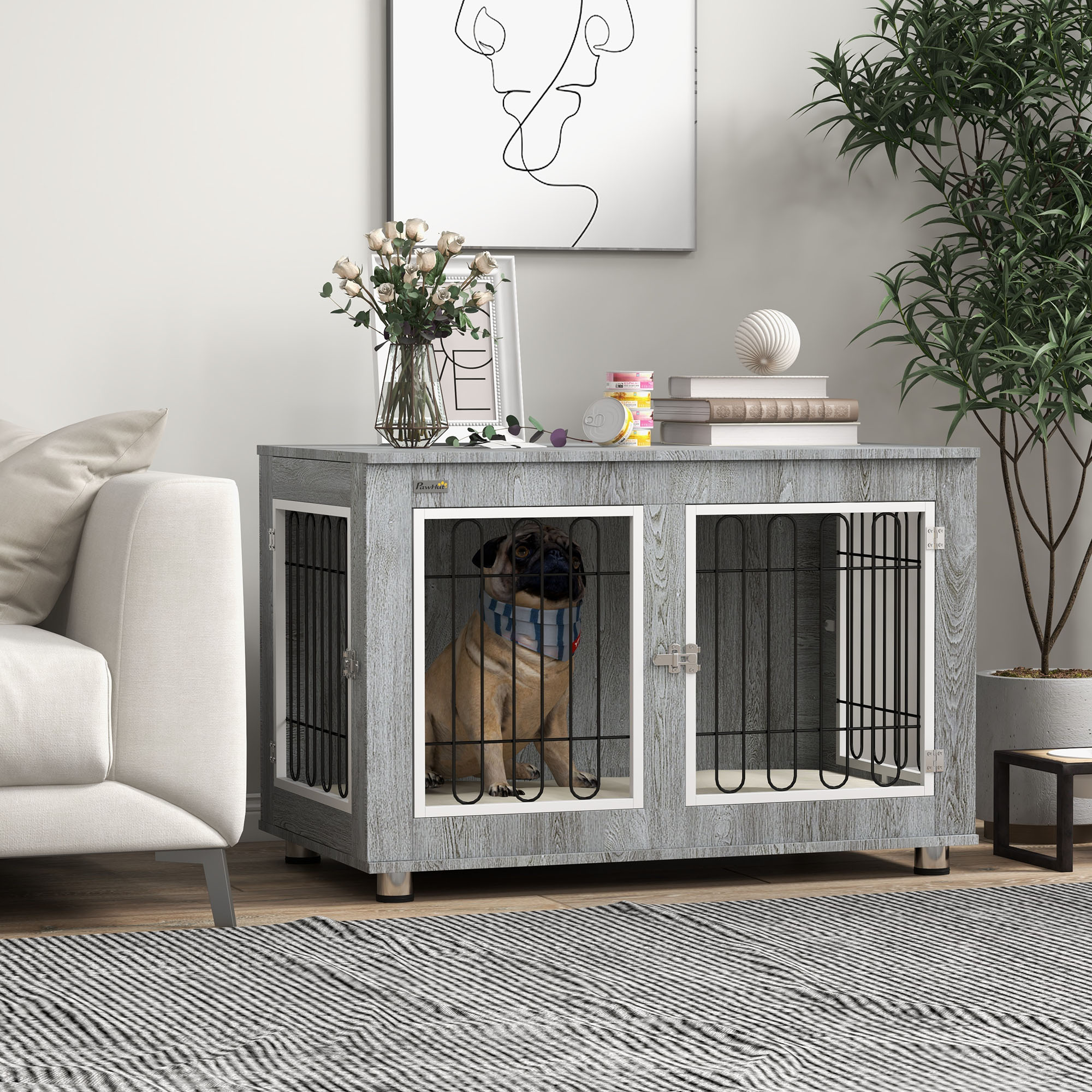 Picture of PawHut Pet Crate Side End Table for Indoor Use with Cushion, Double ...