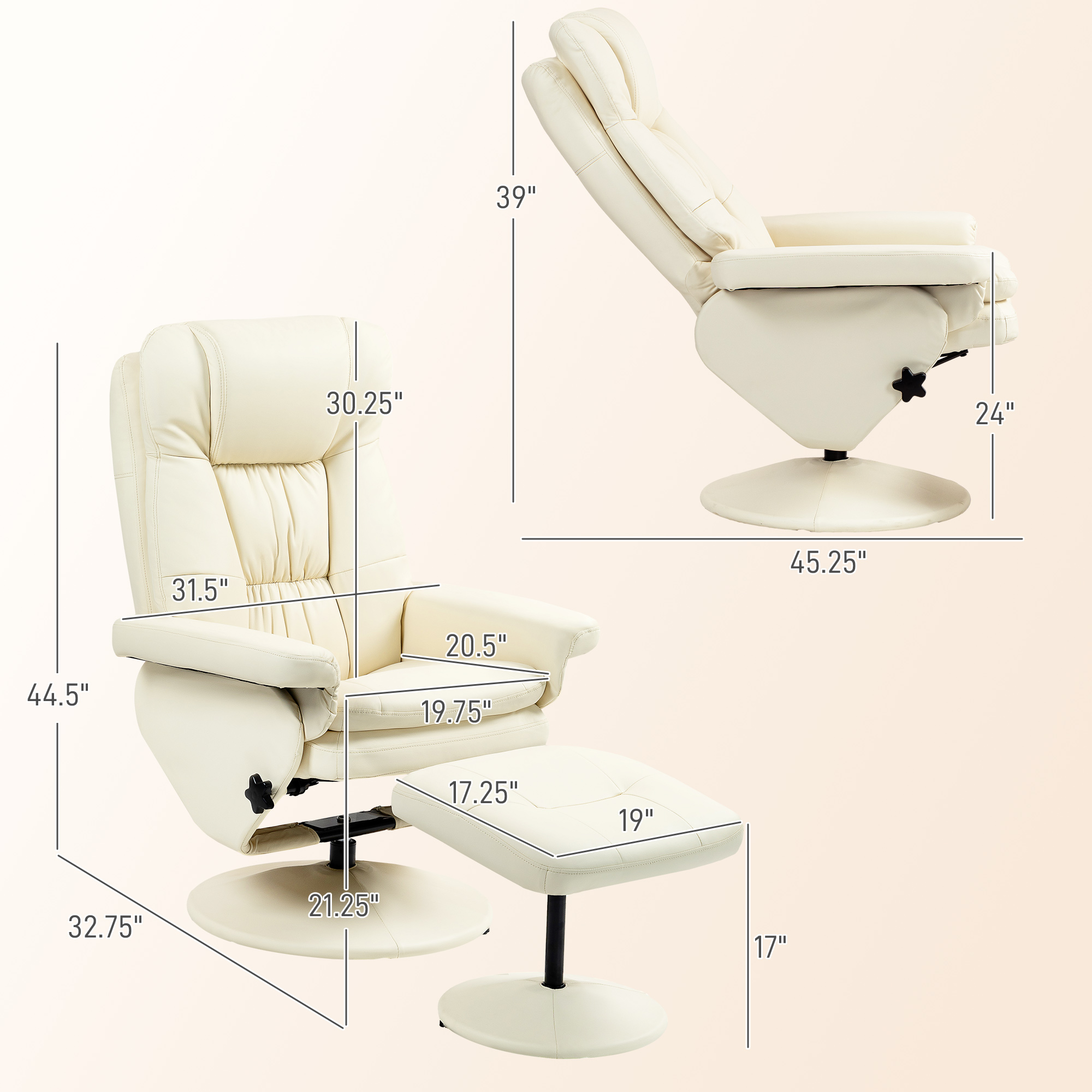 HOMCOM Swivel Recliner Chair with Ottoman, Upholstered Recliner and Footrest with Round Wrapped Base for Living Room, Cream White| Aosom.com 1