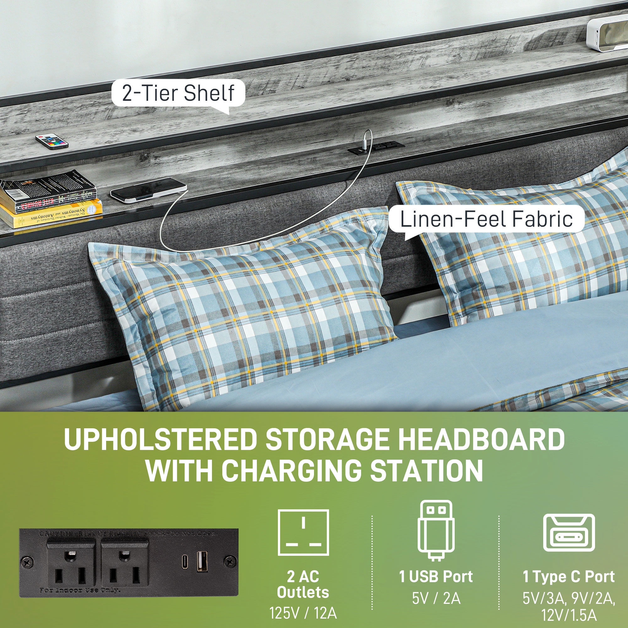 HOMCOM King Bed Frame with Storage Upholstered Headboard, King Size Bed Frame with LED Lights, Charging Station, Cement Gray | Aosom.com 3