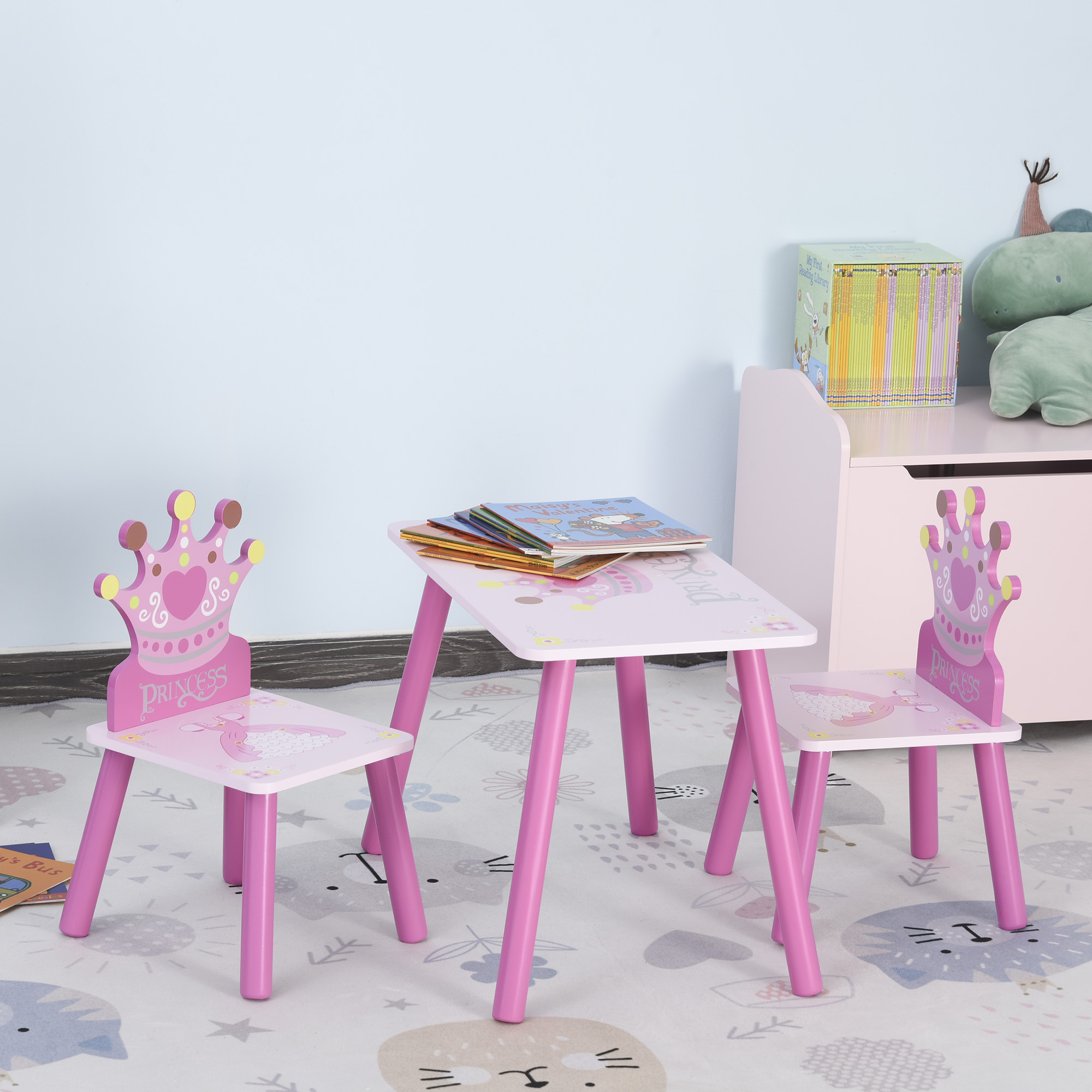 Qaba Kids Wood Table and Chair, 3-Piece Set with Crown Pattern, Charming Desk for Toddlers 3-8 Years, Princess-Themed Room, Pink| Aosom.com 0