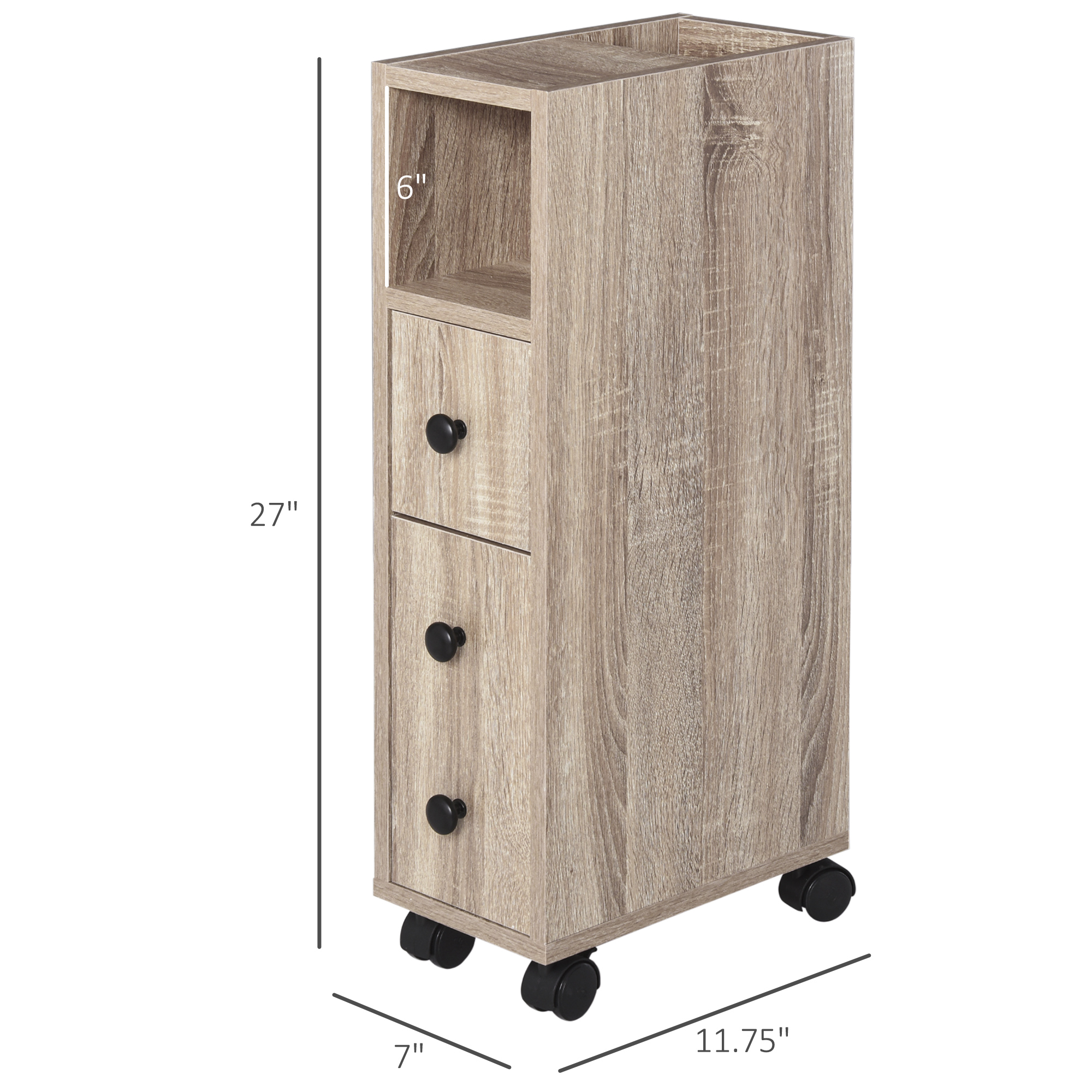 kleankin Freestanding Compact Design Bathroom Cabinet with 2 Open Cabinets  1 Door Cabinet  1 Drawer and 4 Rolling Wheels  Oak Grain Color 1