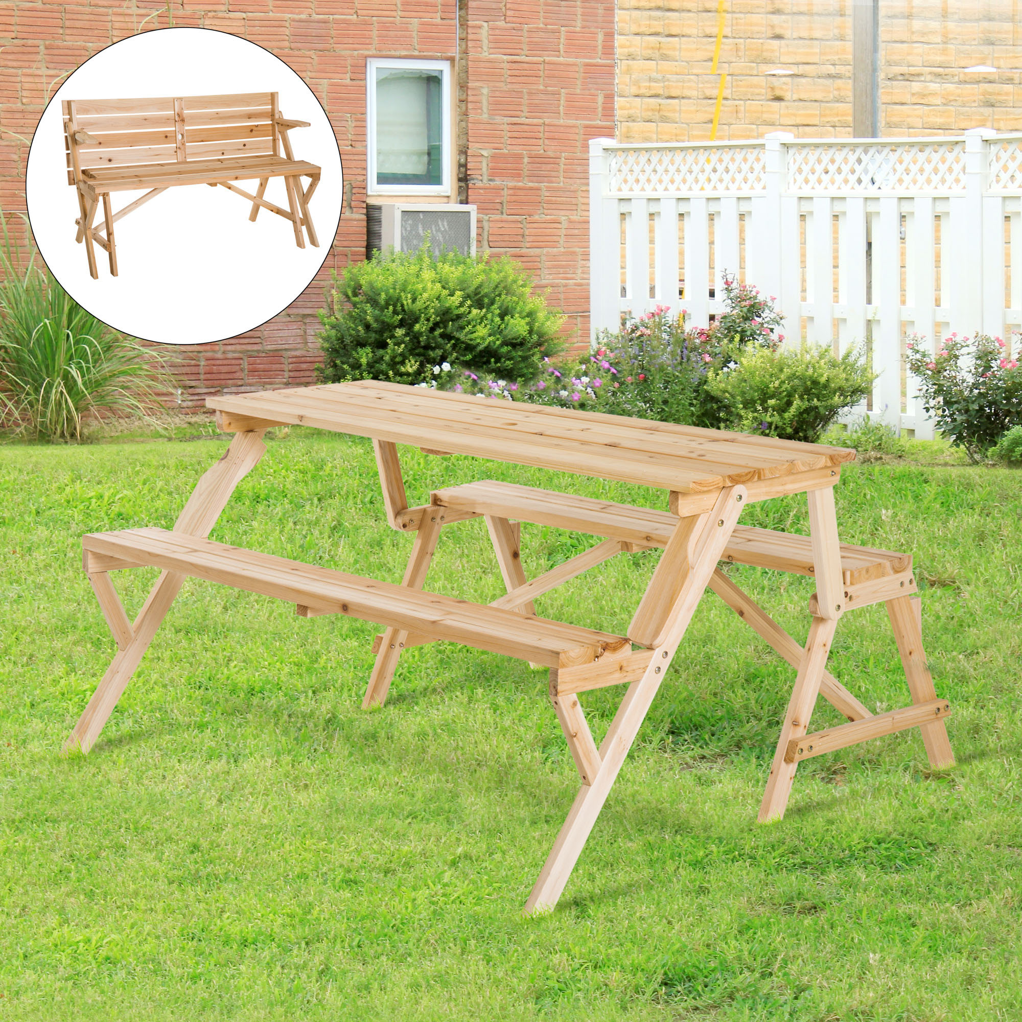Convertible Wooden Bench Desk Outdoor Convertible Bench Table