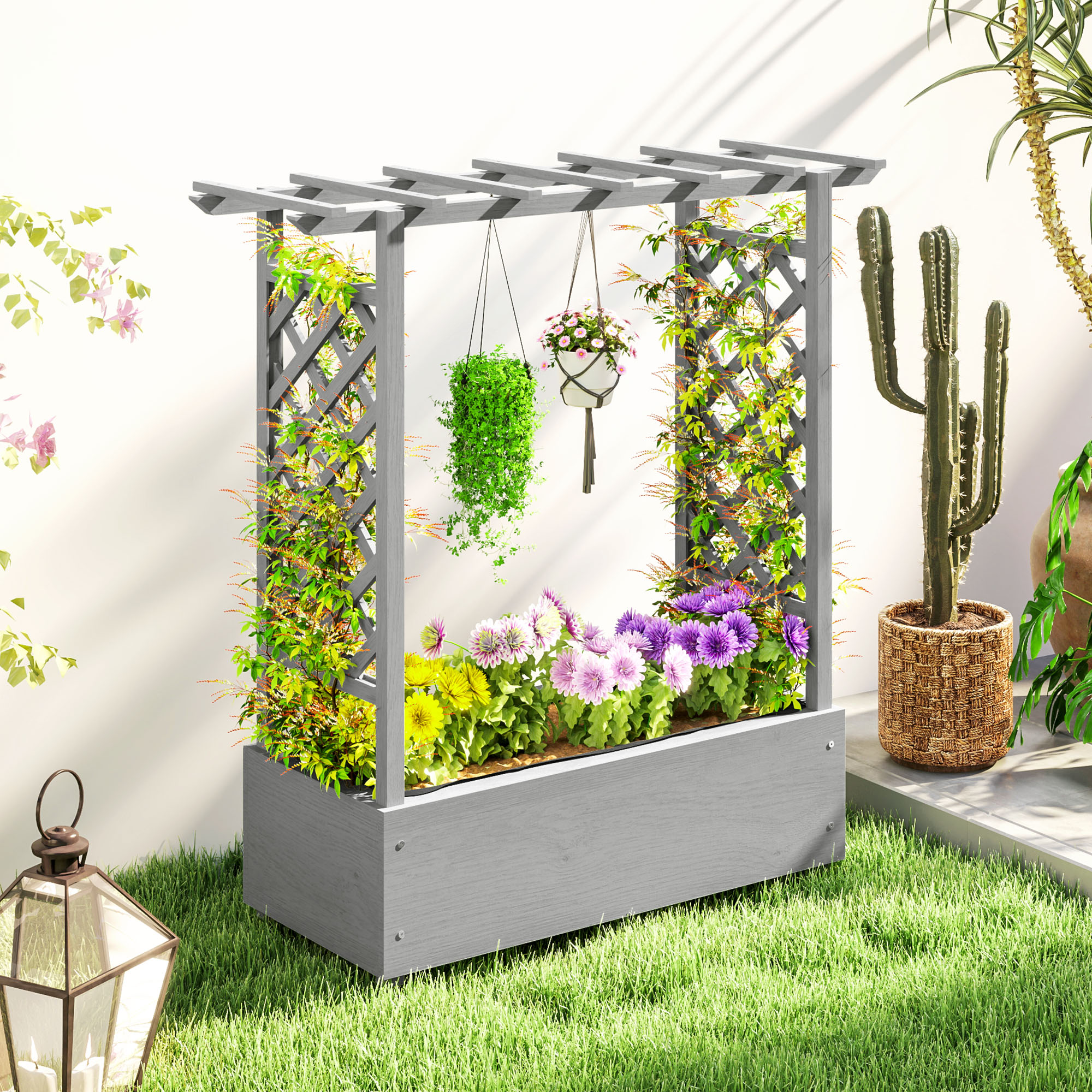 Outsunny Wooden Raised Garden Bed with Trellis, Outdoor Planter Box with Hanging Roof, Drainage Holes and Bed Liner Aosom Canada