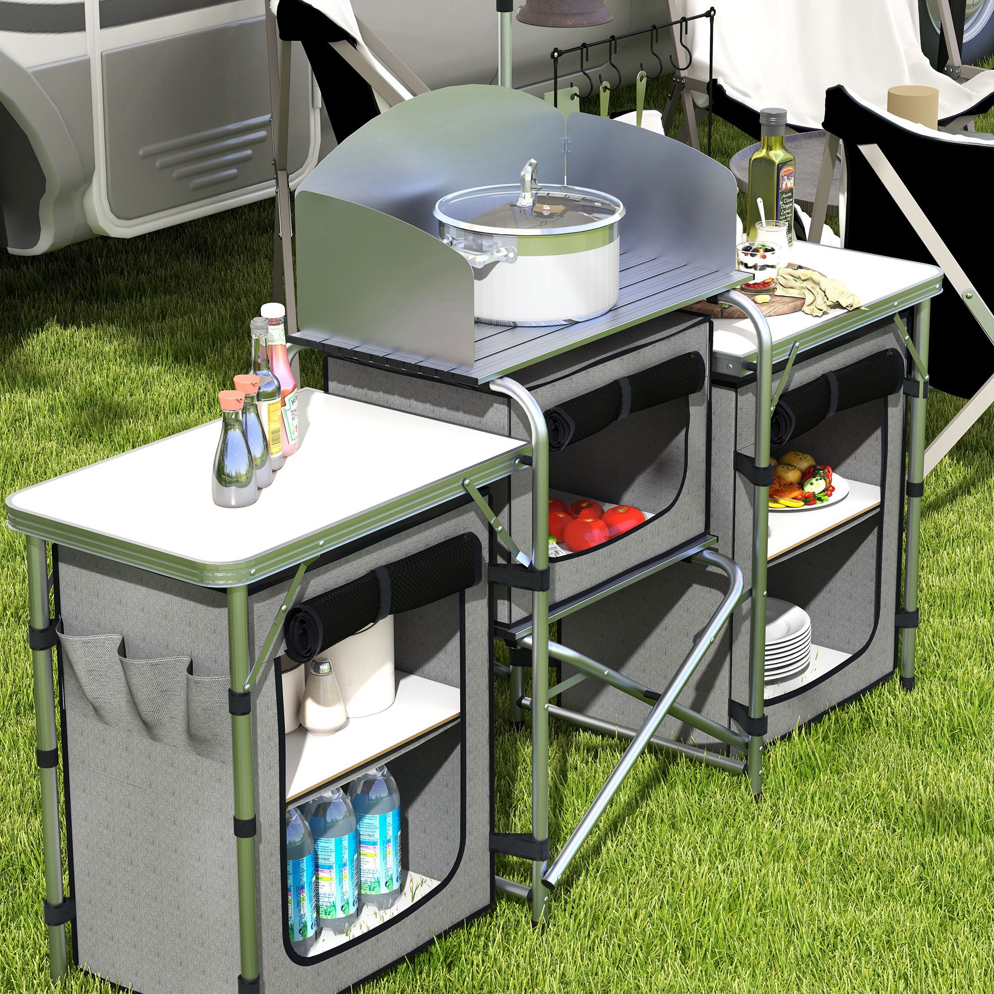 Outsunny Aluminum Camping Kitchen, Portable Folding Camping Table